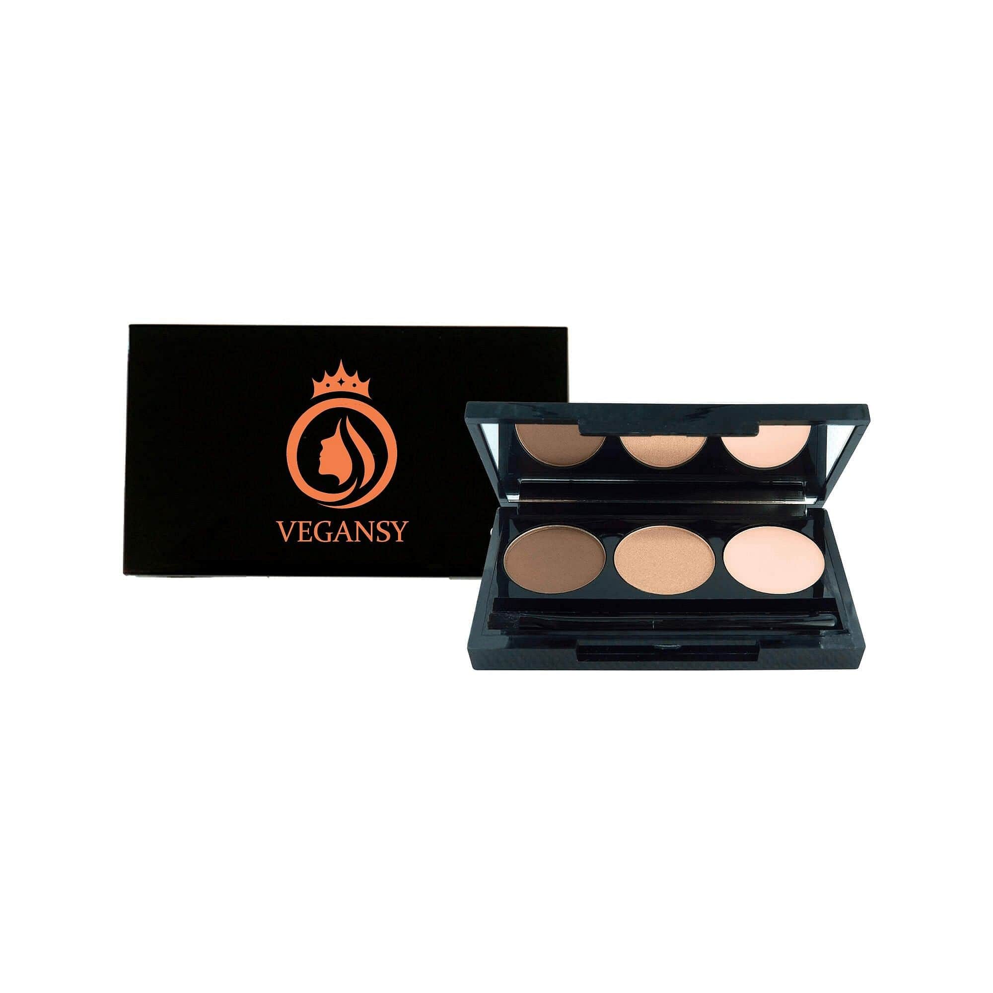 Chestnut brow palette featuring powder-based brow shade, highlighting shade, and brow wax with mini angle brush.