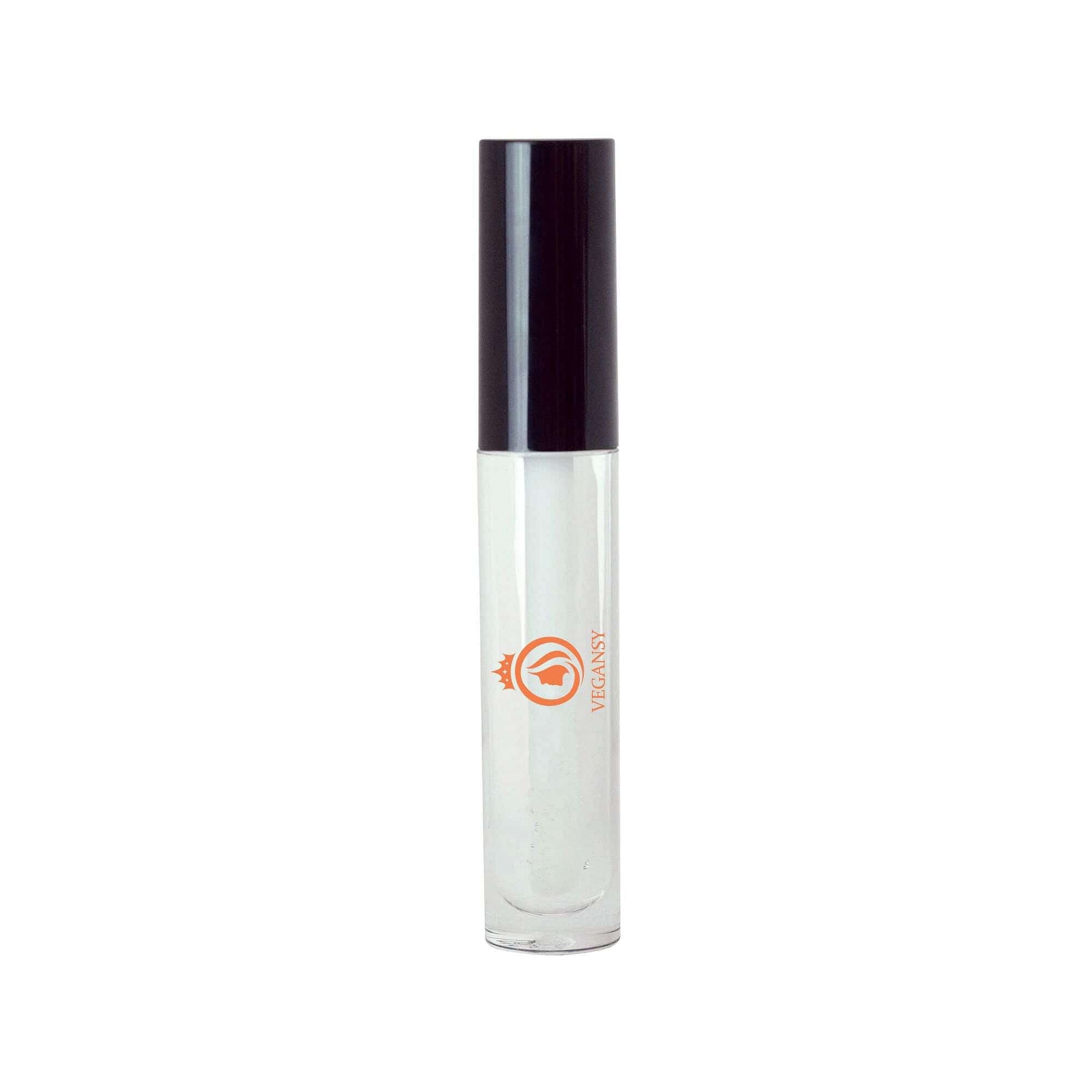 Clear liquid lip gloss in a sleek tube with a doe-shaped applicator, showcasing its glossy finish and shimmer options.