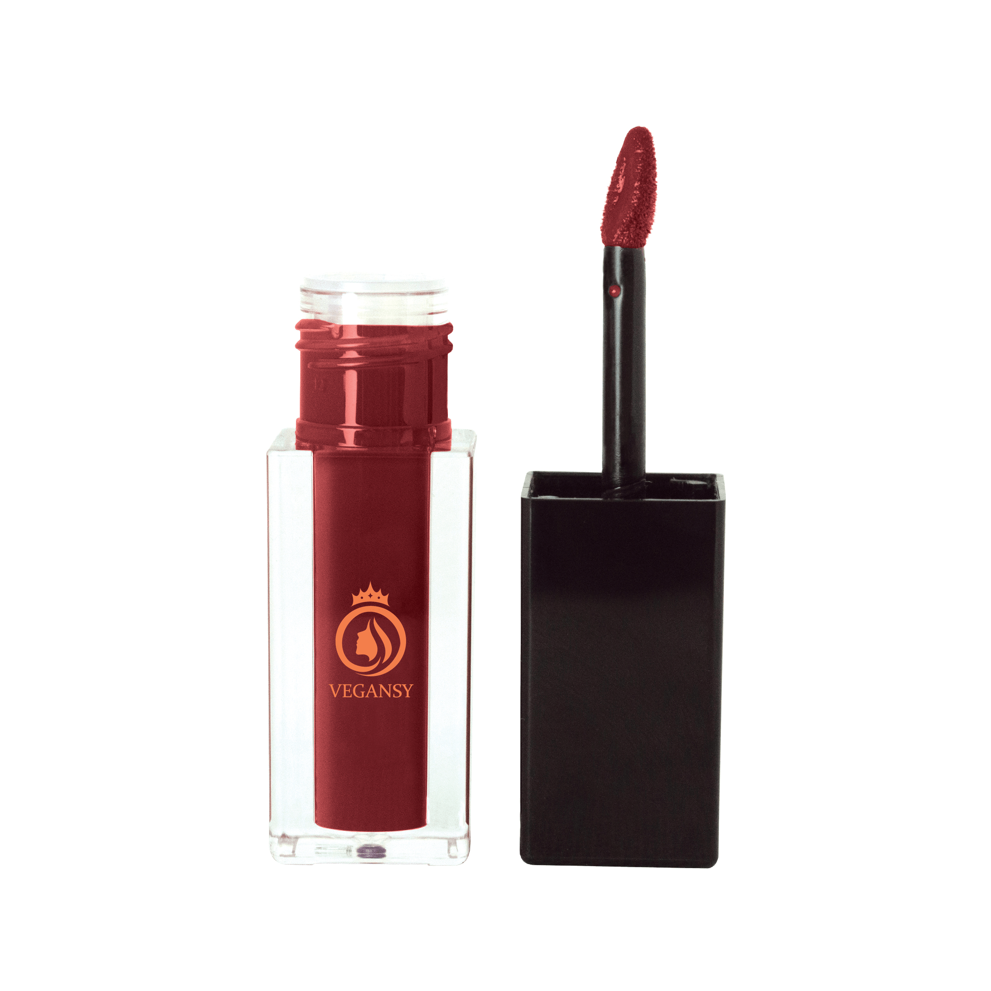 Cocoa Kiss matte lip stain in a sleek tube with a doe-shaped applicator, showcasing its rich color and velvety texture.