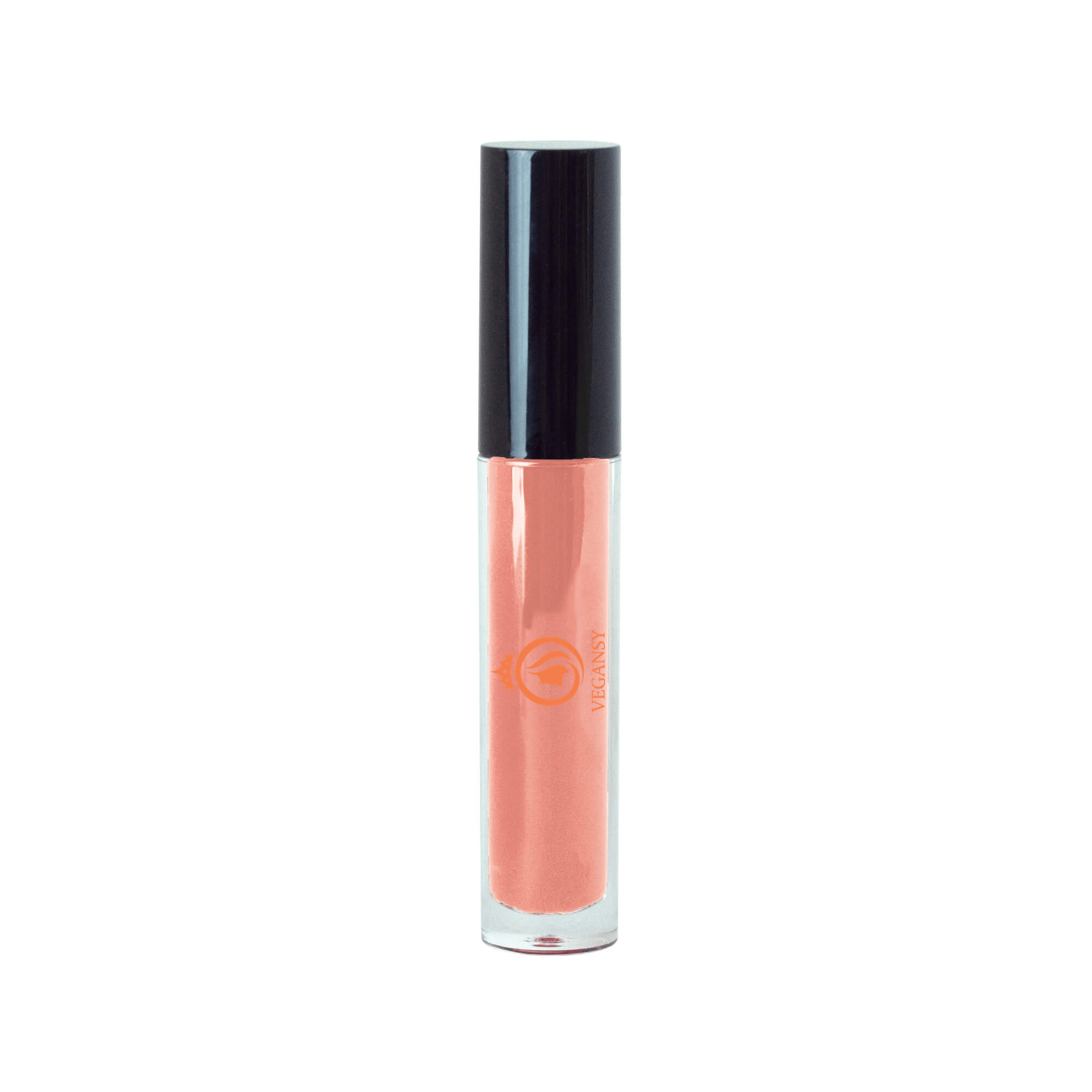 A tube of Coral liquid lip gloss showcasing its vibrant color and doe-shaped applicator, perfect for achieving a brilliant shine.