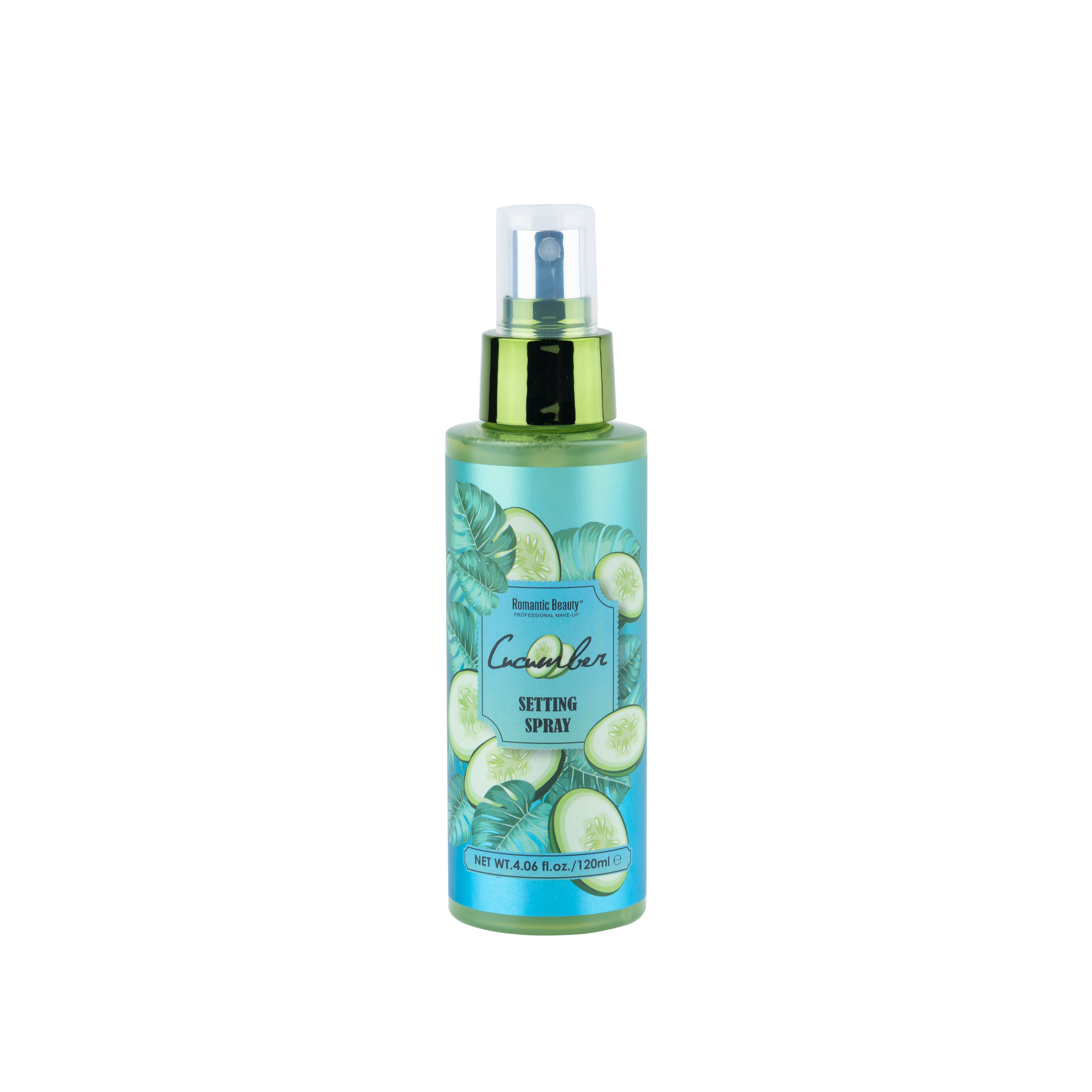 Cucumber Perfect Stay Setting Spray in an elegant glass bottle with tiny gold flakes, ideal for makeup application.