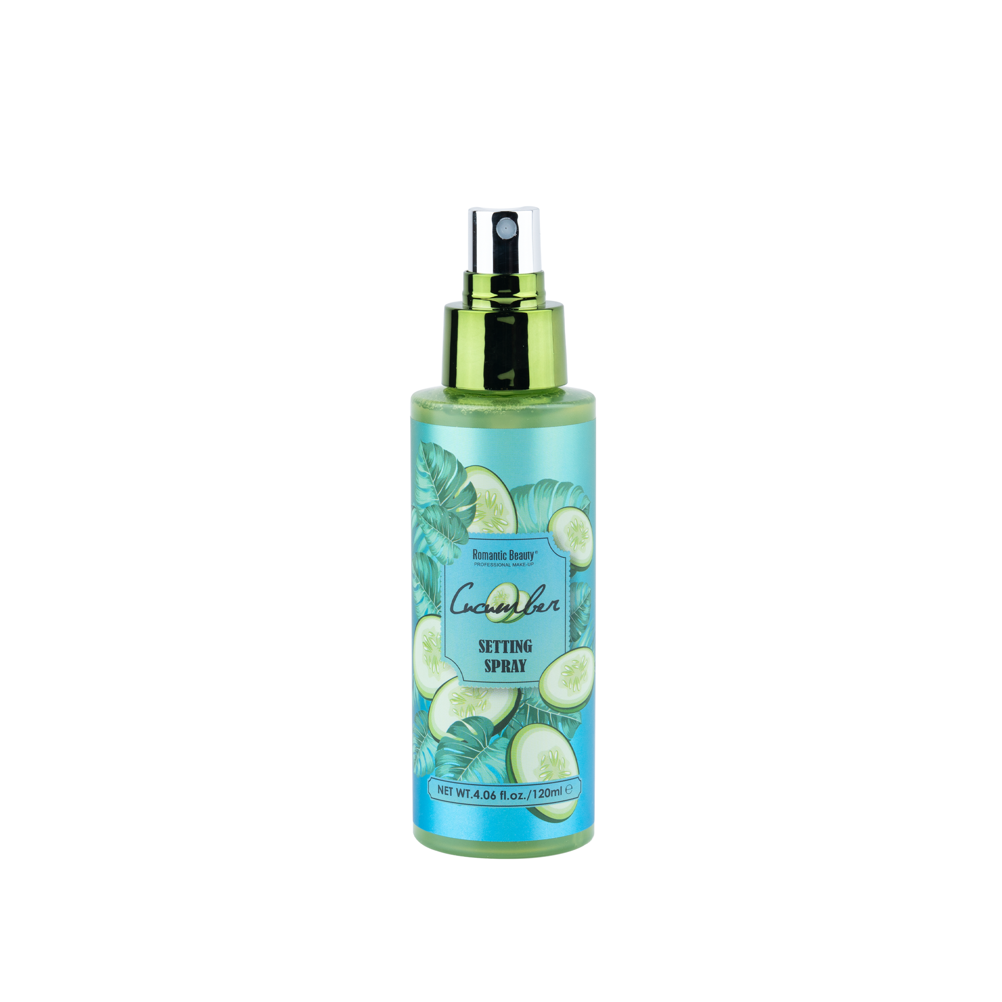 Cucumber Perfect Stay Setting Spray in an elegant glass bottle with tiny gold flakes, ideal for makeup application.