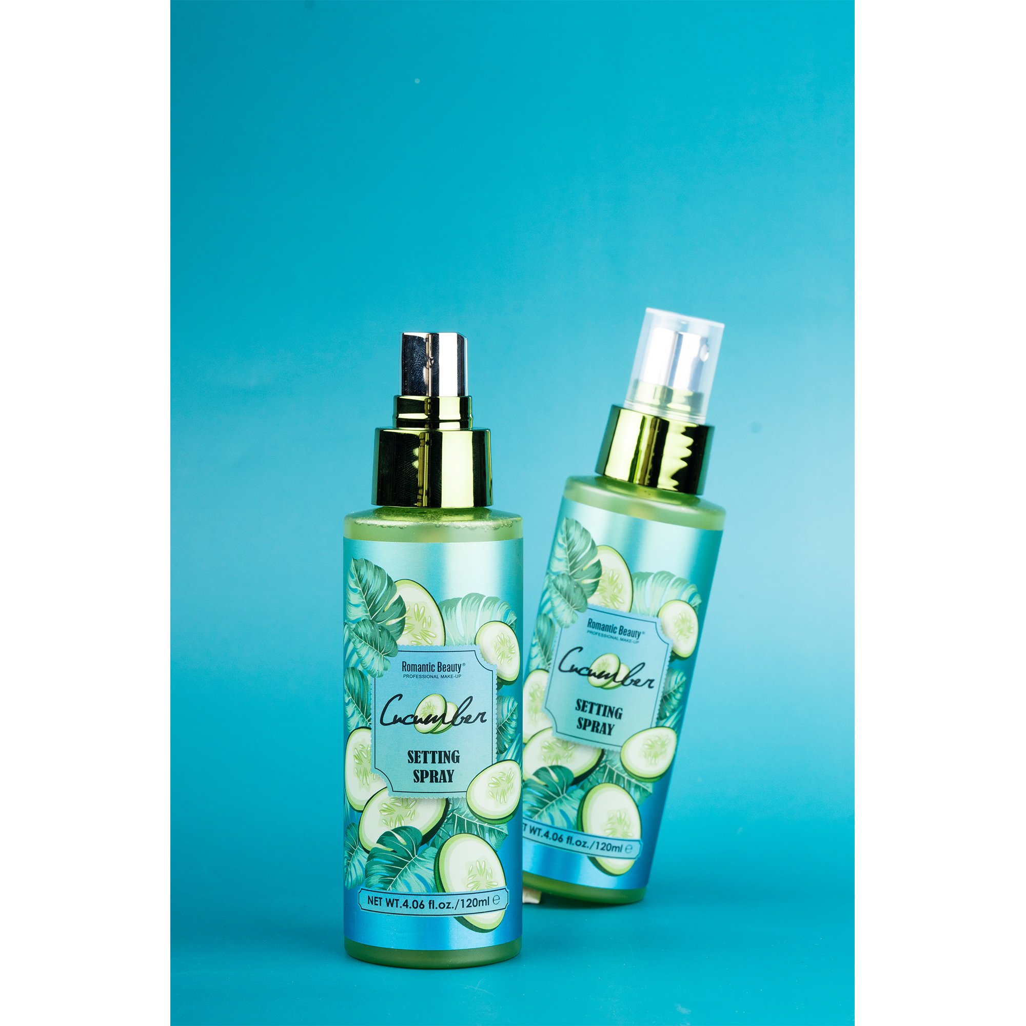 Cucumber Perfect Stay Setting Spray in an elegant glass bottle with tiny gold flakes, ideal for makeup application.