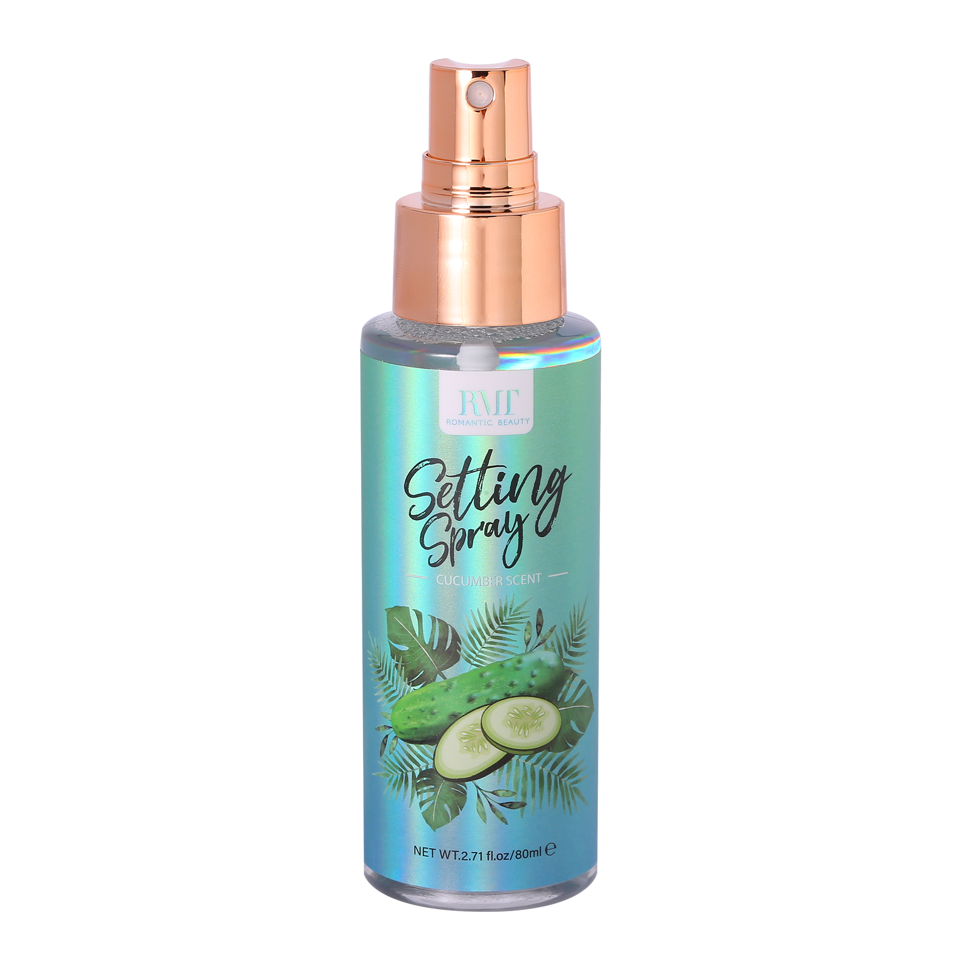 Cucumber Perfect Stay Setting Spray in an elegant glass bottle with tiny gold flakes, ideal for makeup application.