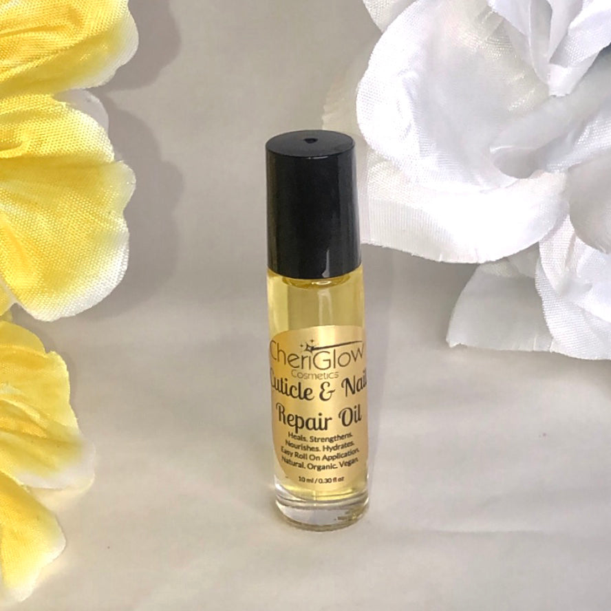 Cuticle & Nail Repair Oil in a roll-on bottle, showcasing its nourishing ingredients and convenient applicator.