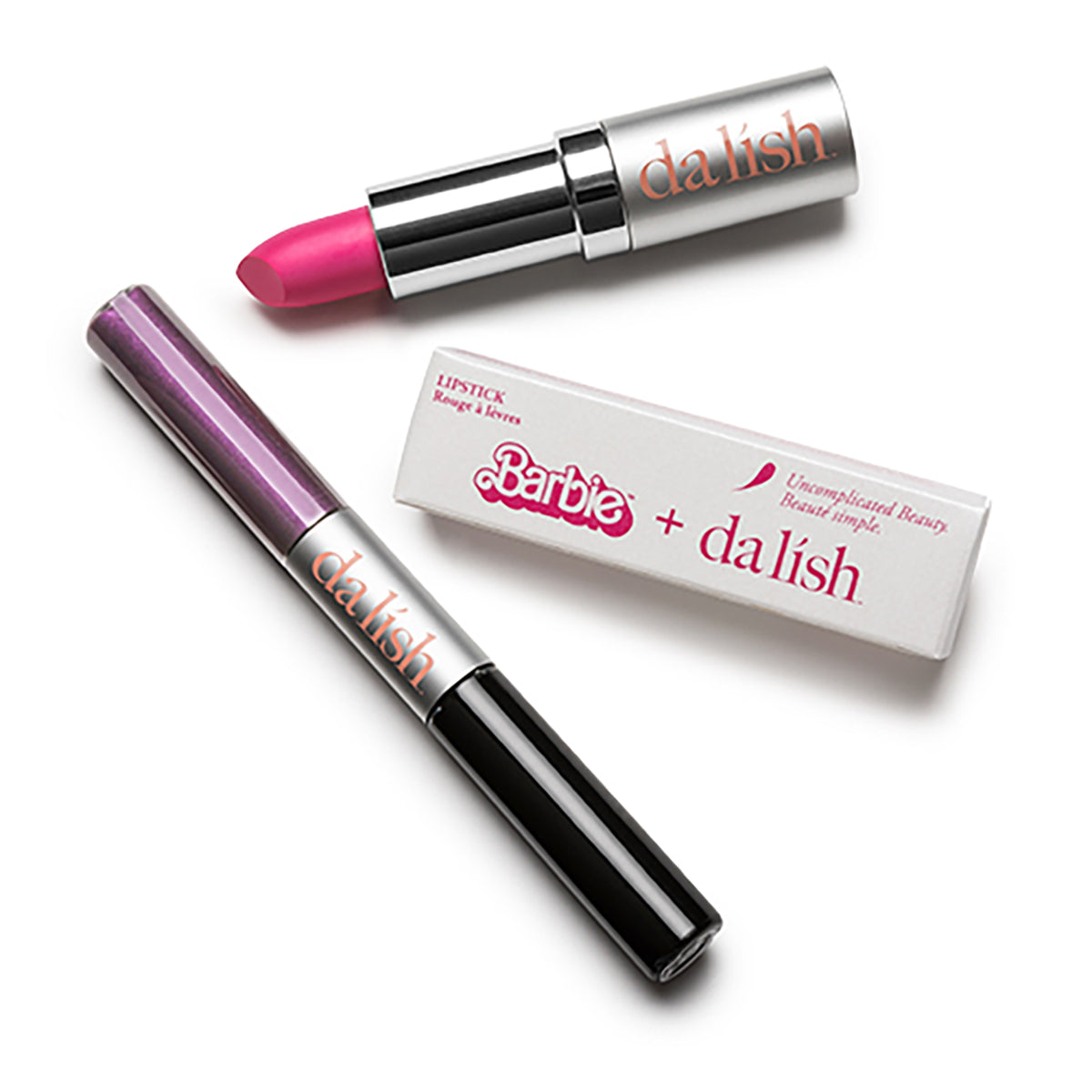 da lish + Barbie™ PILOT & ROCKER DUO STICK featuring vibrant purple metallic cream eyeshadow and sleek packaging.