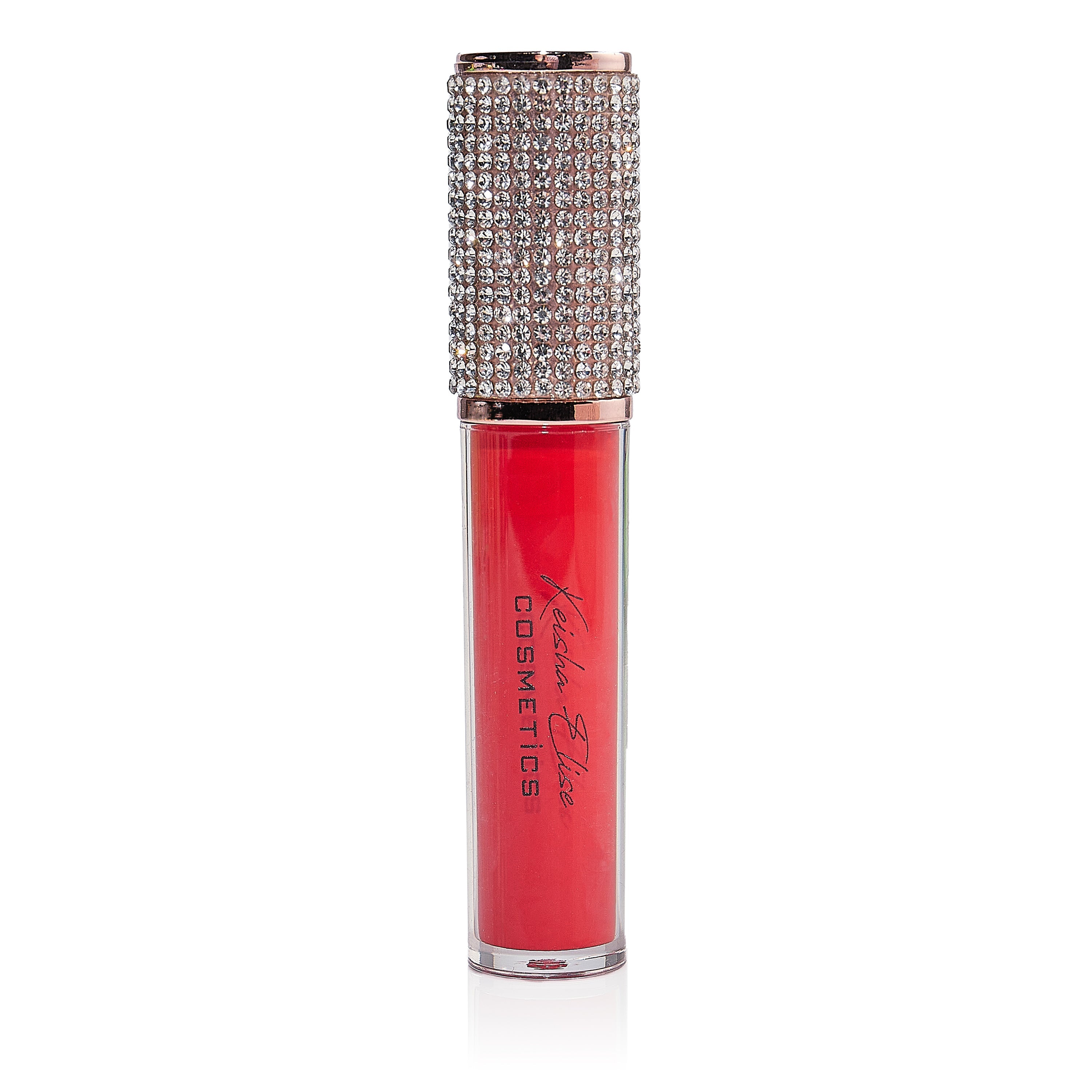 A luxurious Boss Mom Diamond Lip Gloss in a diamond-shaped tube with a floating crystal, showcasing its rich color and shine.