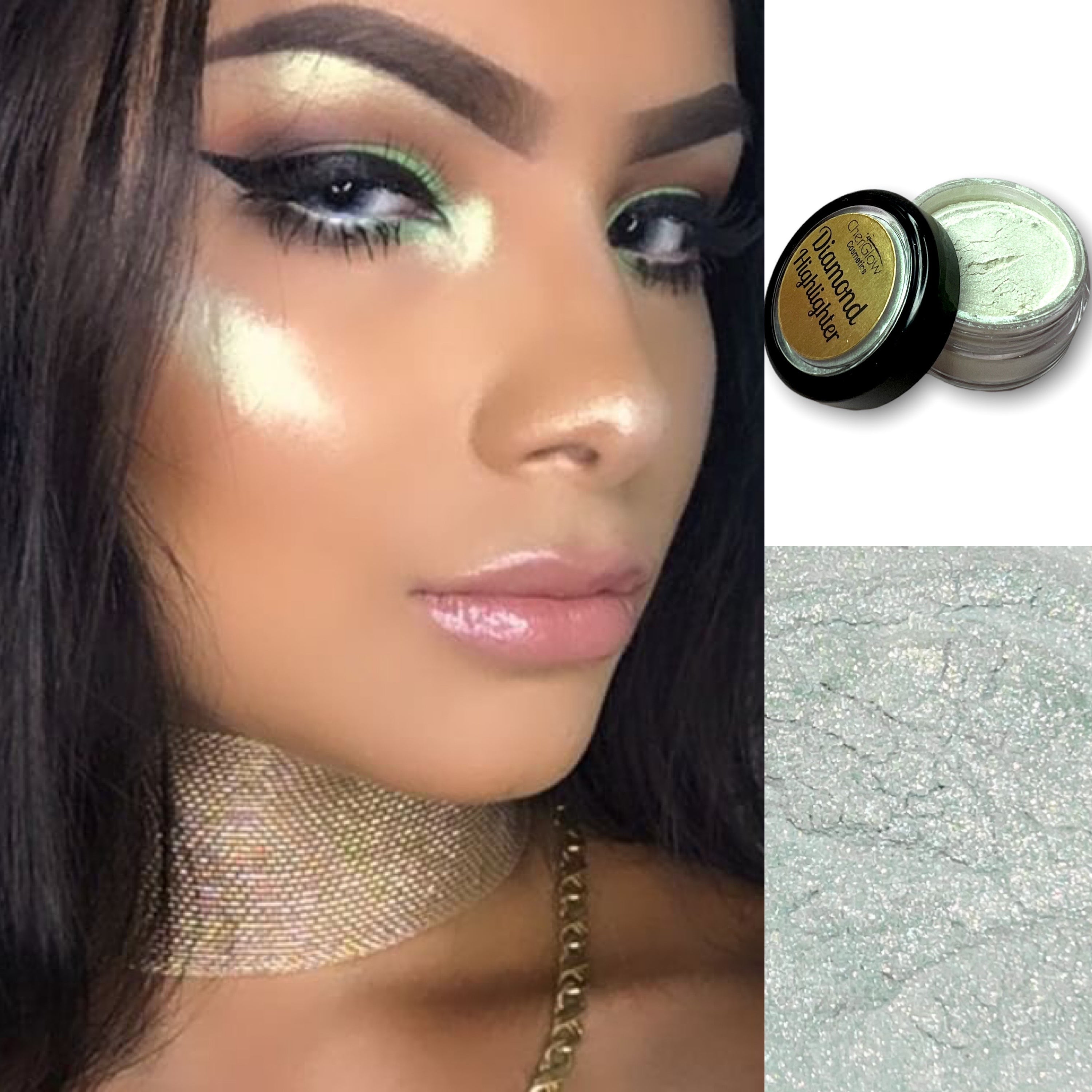 Eclipse Iridescent Duochrome Loose Diamond Highlighter in a sleek container, showcasing its shimmering gold and green hues.