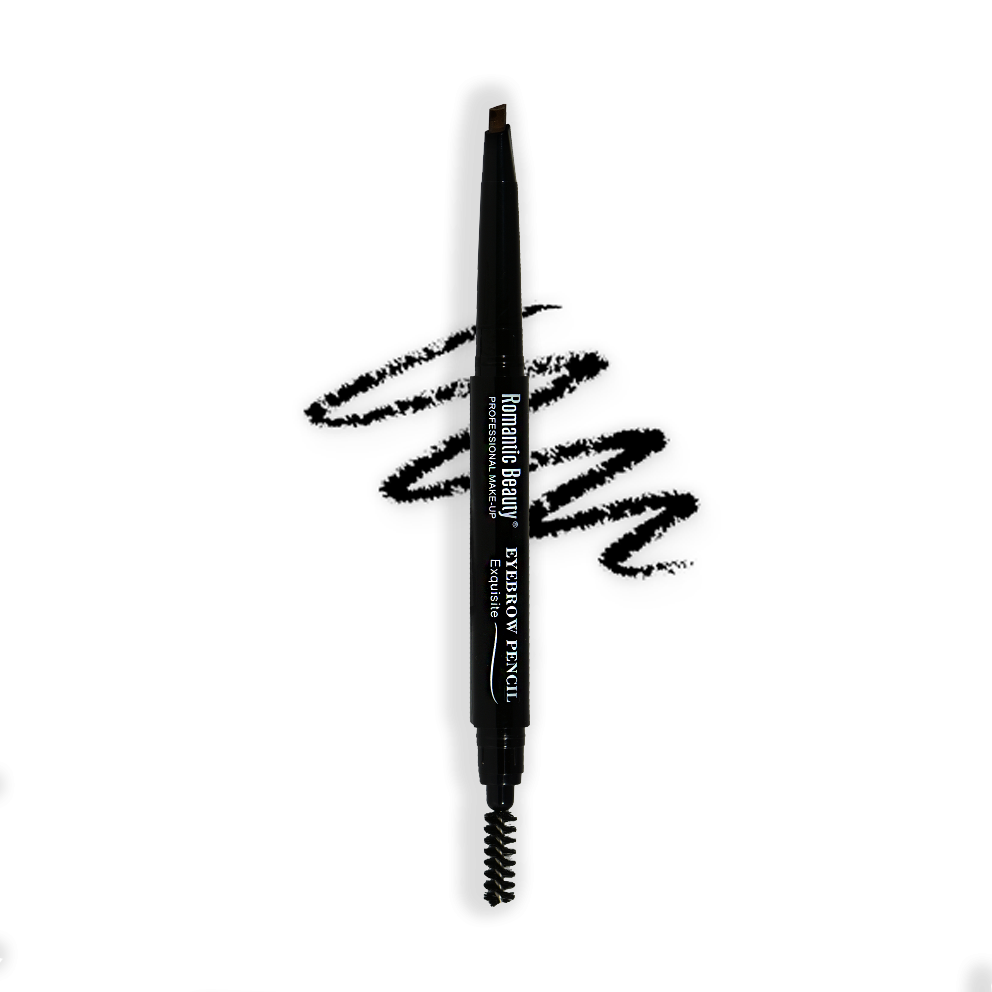 Exquisite Eyebrow Pencil in Black with dual-sided design featuring a defining liner and spooly brush for perfect brow shaping.