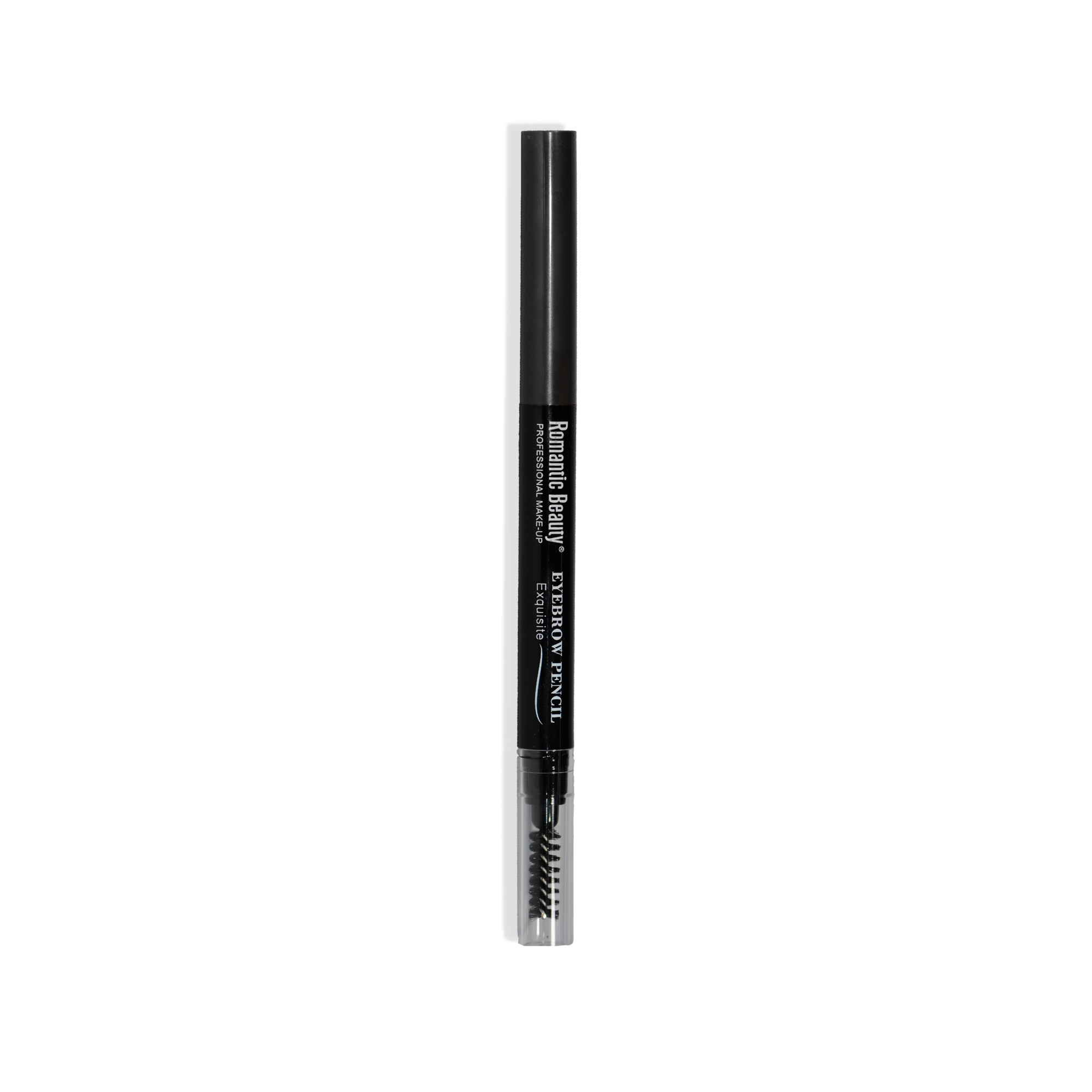 Exquisite Eyebrow Pencil in Black with dual-sided design featuring a defining liner and spooly brush for perfect brow shaping.