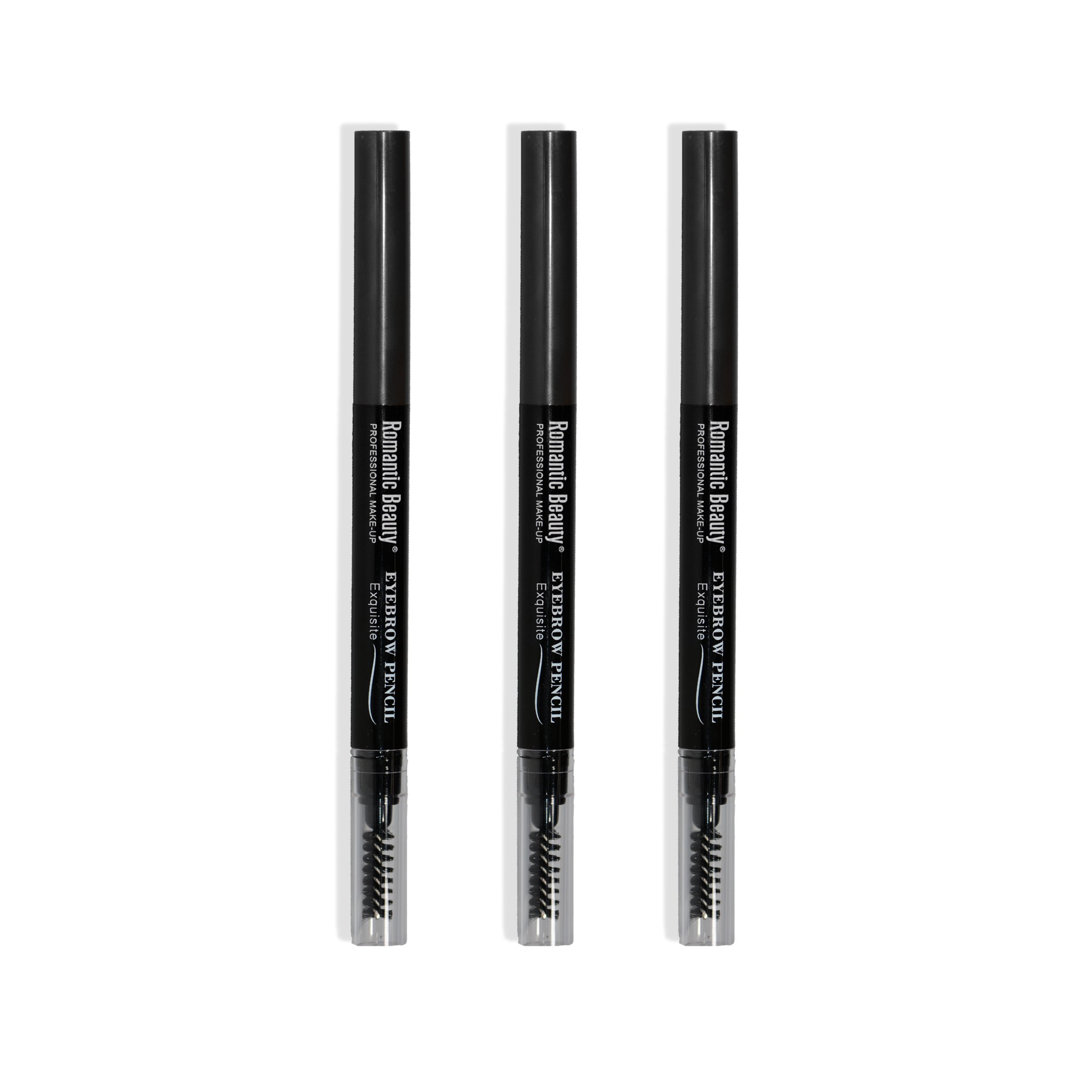 Exquisite Eyebrow Pencil in Black with dual-sided design featuring a defining liner and spooly brush for perfect brow shaping.