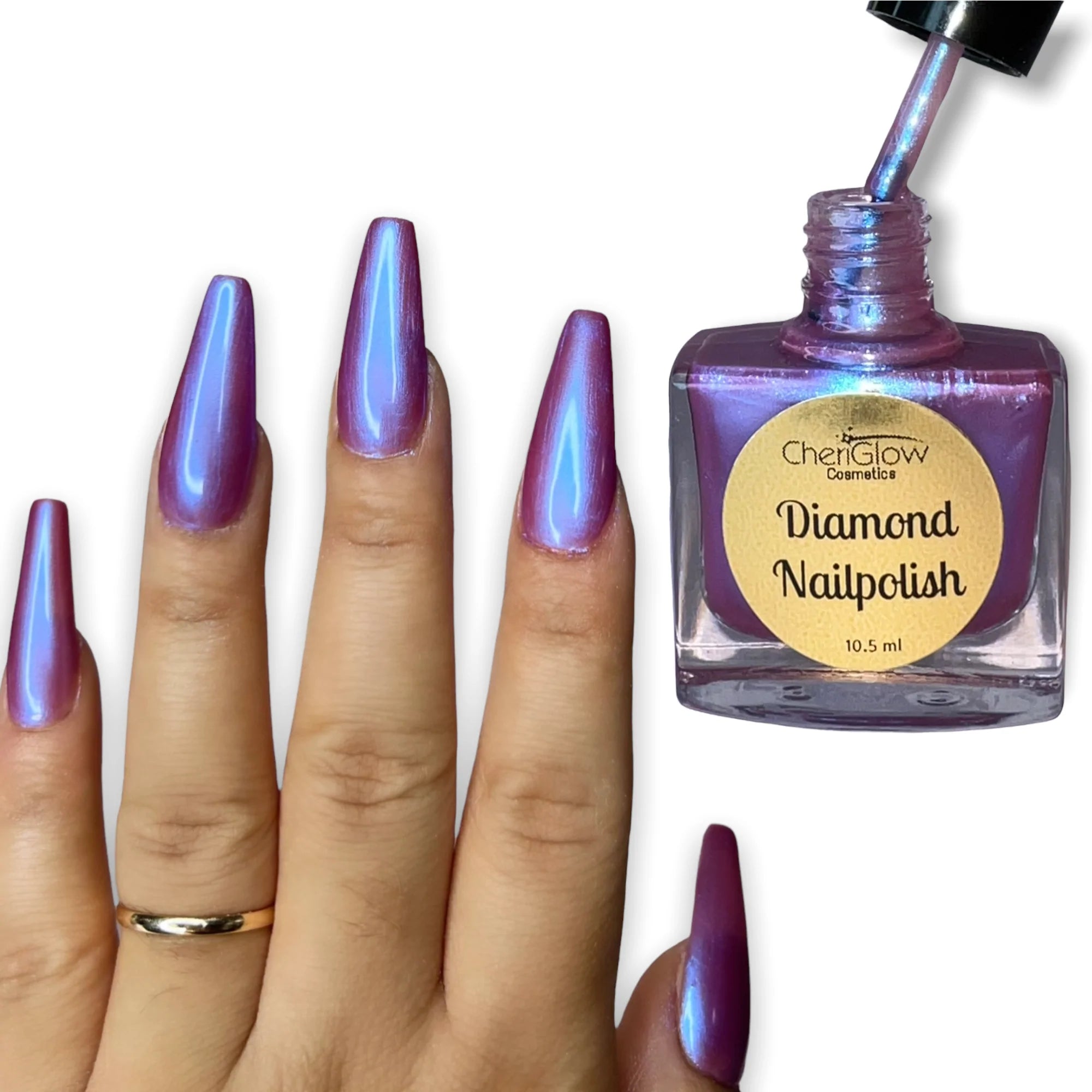 Bottle of Extraterrestrial Diamond Nail Polish showcasing its triple chrome effect with shifts of pink, blue, and red.