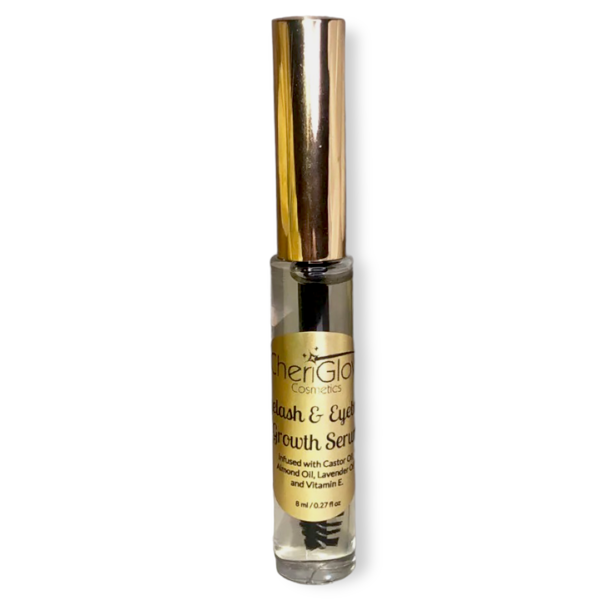 CheriGlow Eyelash & Eyebrow Growth Serum bottle with a natural design, showcasing its pure ingredients.