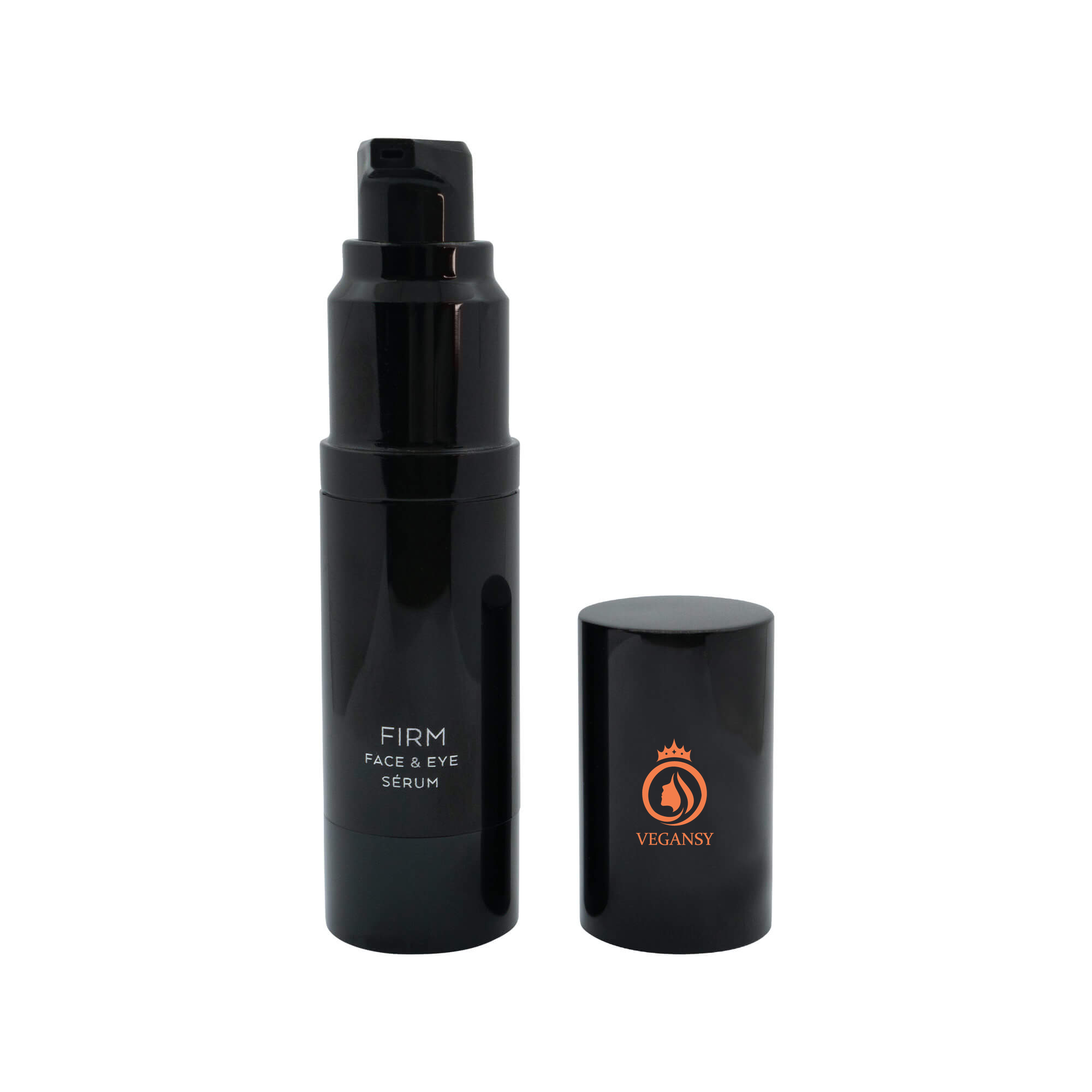 A bottle of Firm Serum with a sleek design, showcasing its anti-aging properties and key ingredients like cucumber extract.