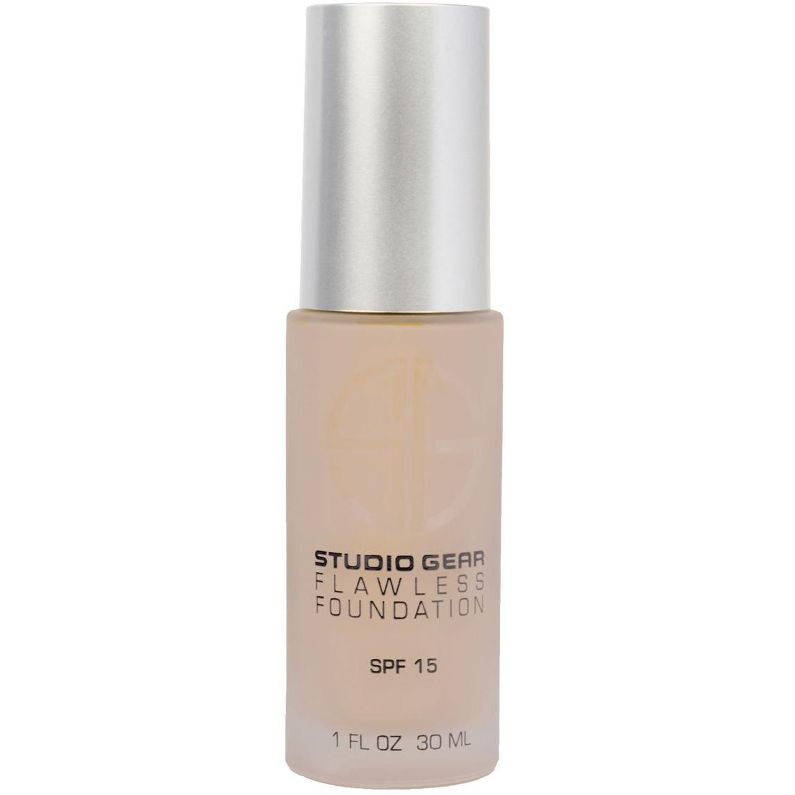 Studio Gear Cosmetics Flawless Foundation bottle with SPF 15, showcasing its sleek design and hydrating formula.