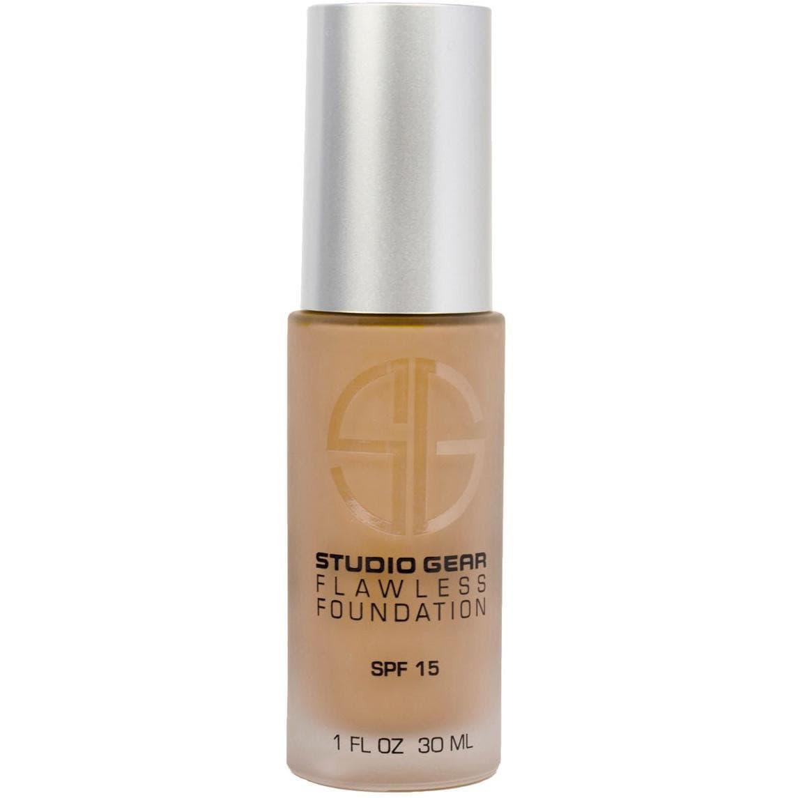 Studio Gear Cosmetics Flawless Foundation bottle with SPF 15, showcasing its sleek design and hydrating formula.