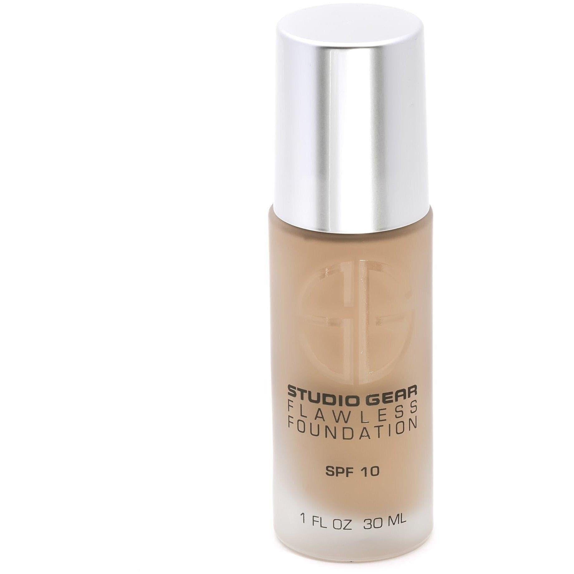 Studio Gear Cosmetics Flawless Foundation bottle with SPF 15, showcasing its sleek design and hydrating formula.