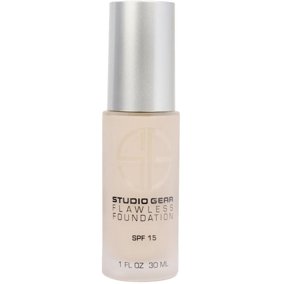 Studio Gear Cosmetics Flawless Foundation bottle with SPF 15, showcasing its sleek design and hydrating formula.