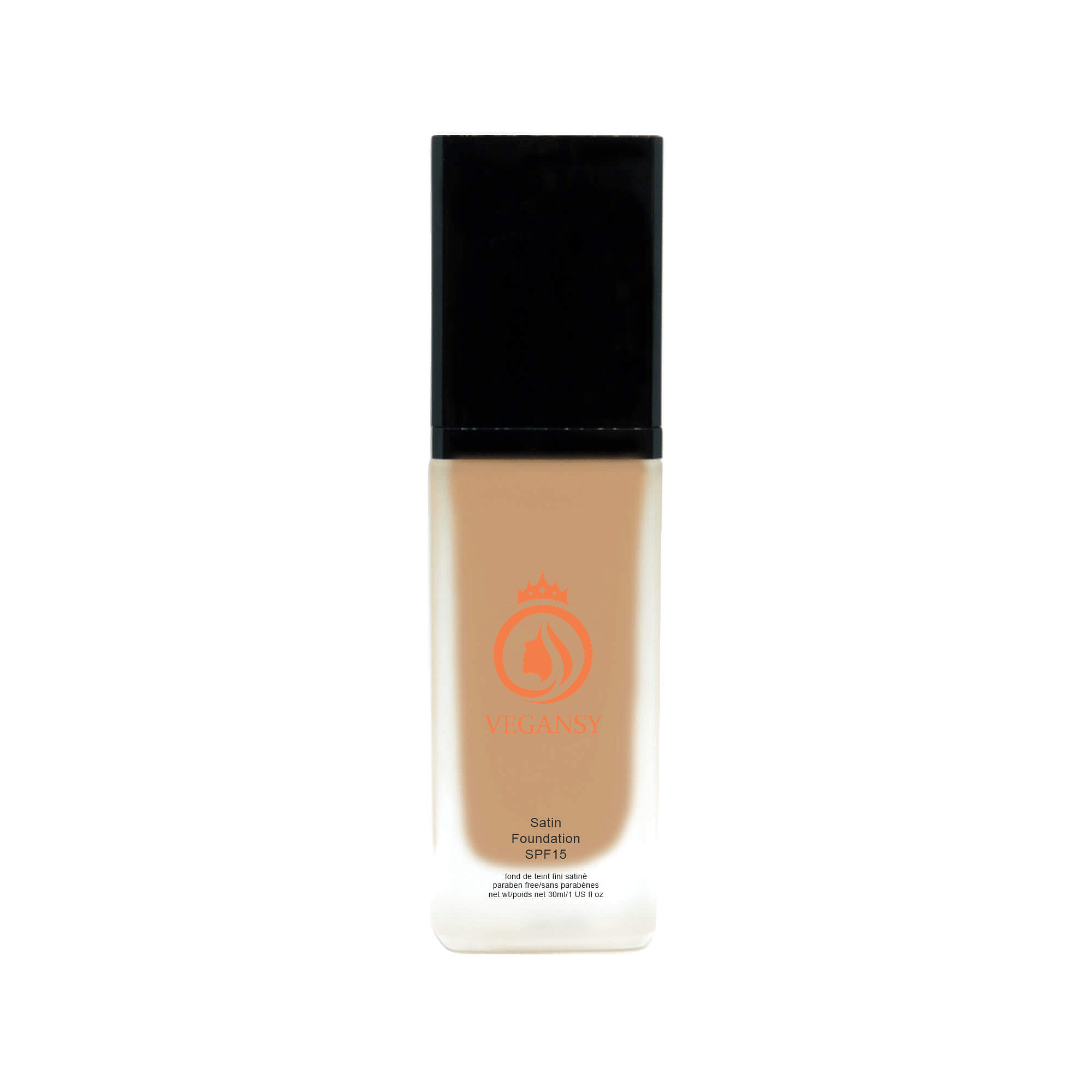 A bottle of Oak Foundation showcasing its natural glow finish, suitable for all skin types.