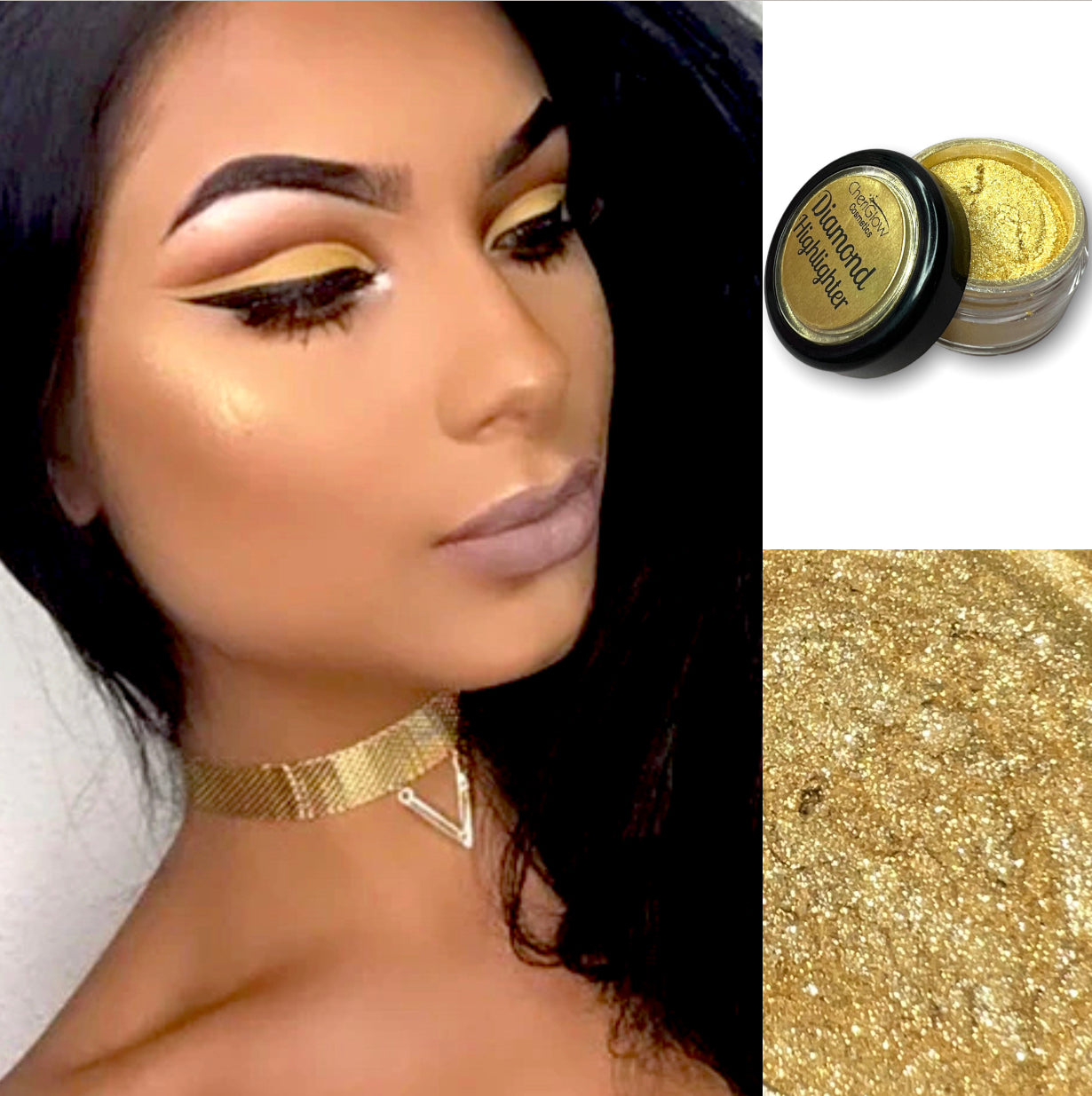 Glow Digger Loose Diamond Highlighter in shimmering yellow gold powder form, showcasing its finely milled texture and elegant packaging.