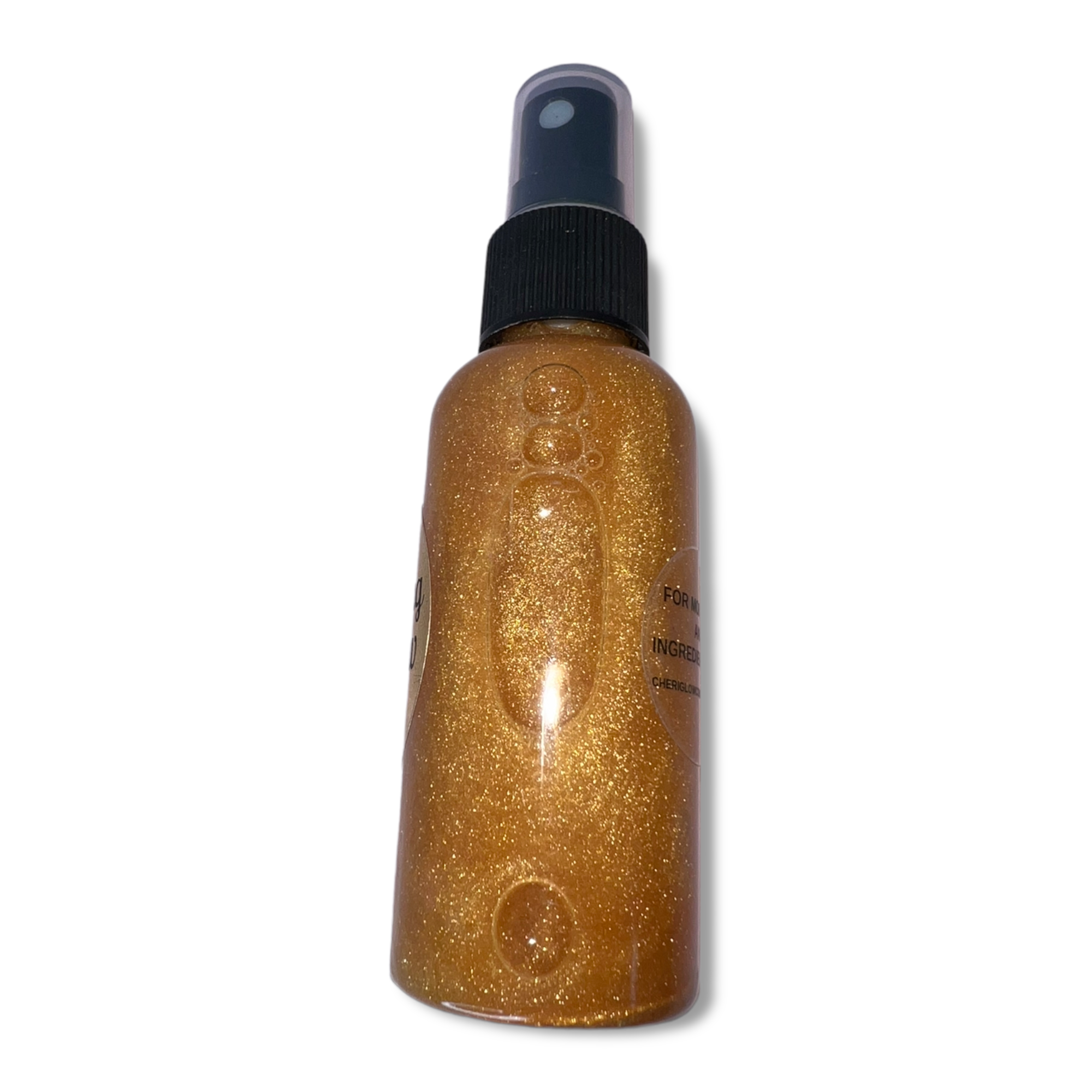 Glow Digger Shimmering Body Glow Spray bottle with a golden shimmer effect, showcasing its luxurious design and sun-kissed glow.