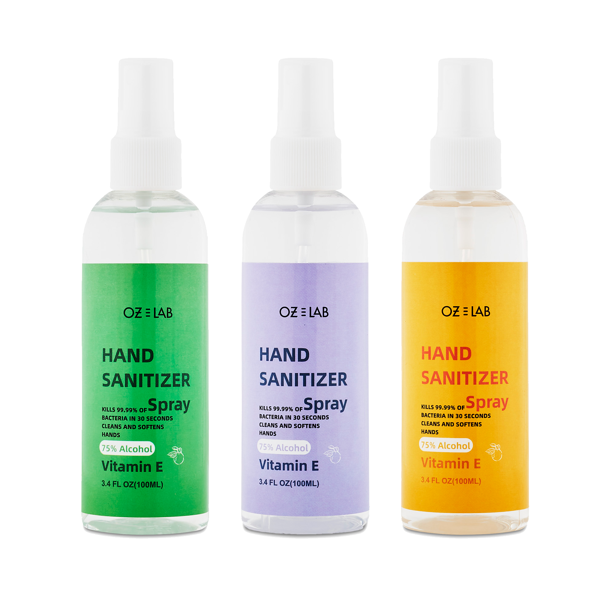 OZ Lab Hand Sanitizer Spray 100mL Set of 3 bottles, featuring a sleek design and easy-to-use spray nozzle.