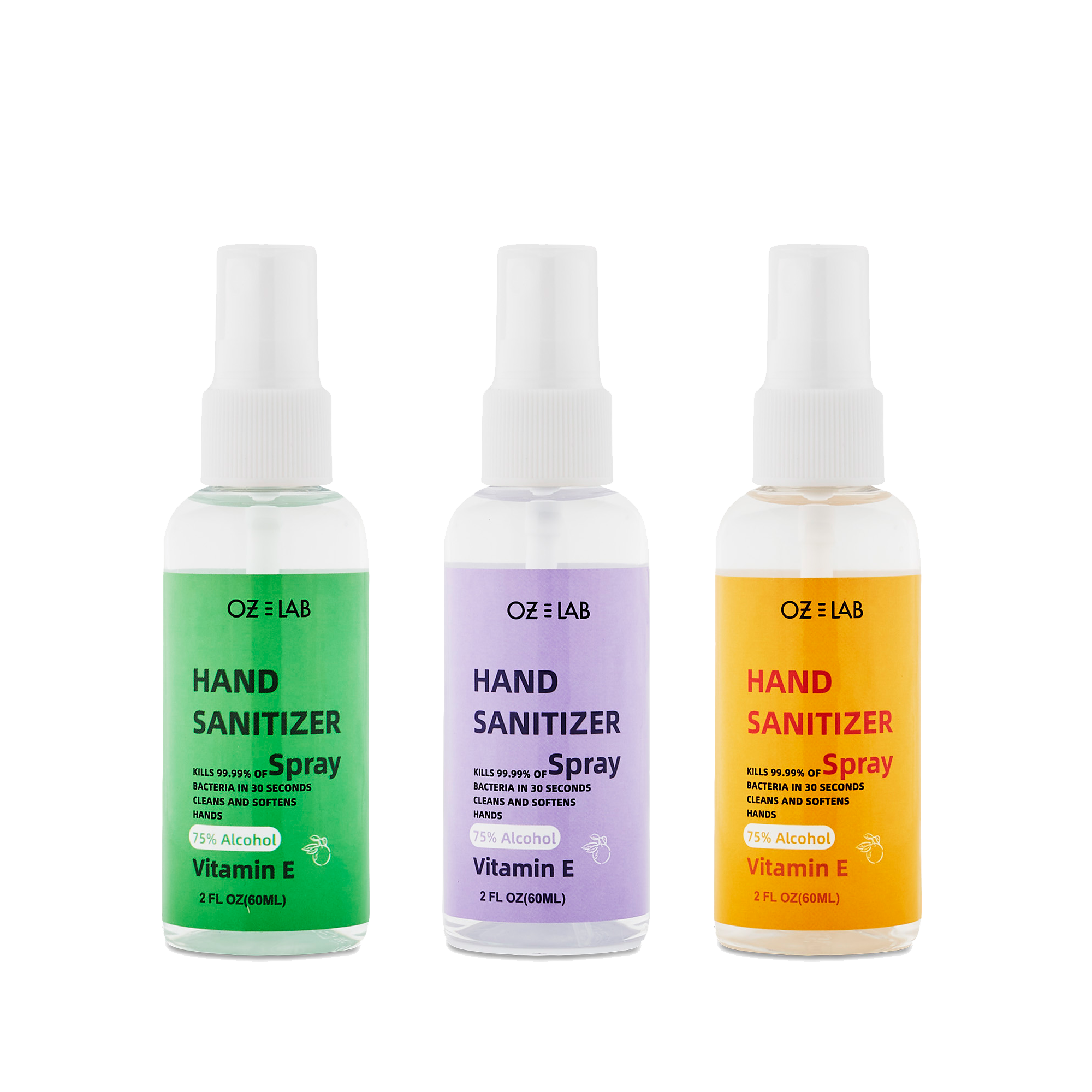 OZ Labs Hand Sanitizer Spray Set of 3 in purple, green, and yellow bottles, each 60mL, featuring a spray nozzle for easy application.