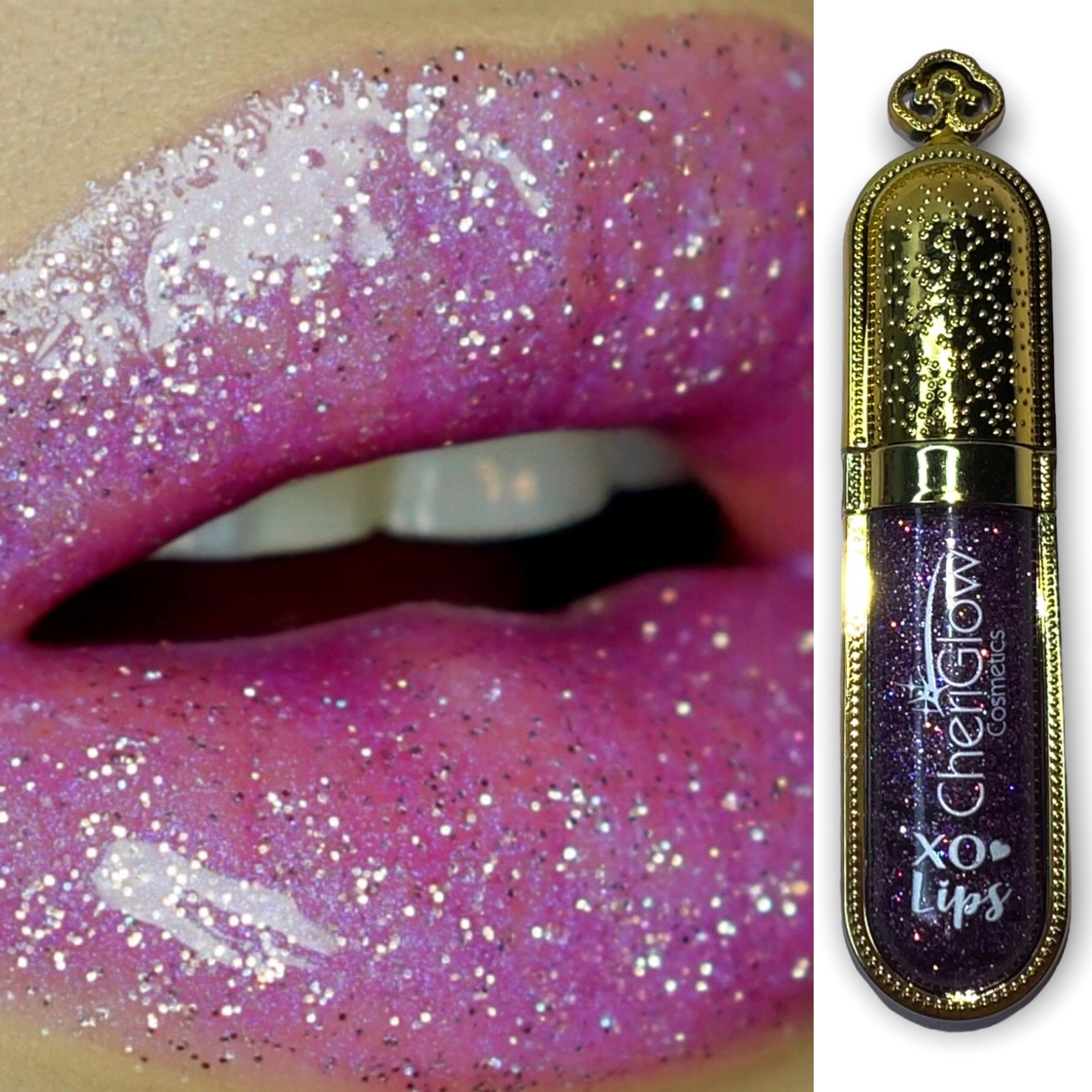 Heartbreaker - XO Royalty Lipgloss showcasing a shimmering glitter effect in various colors.