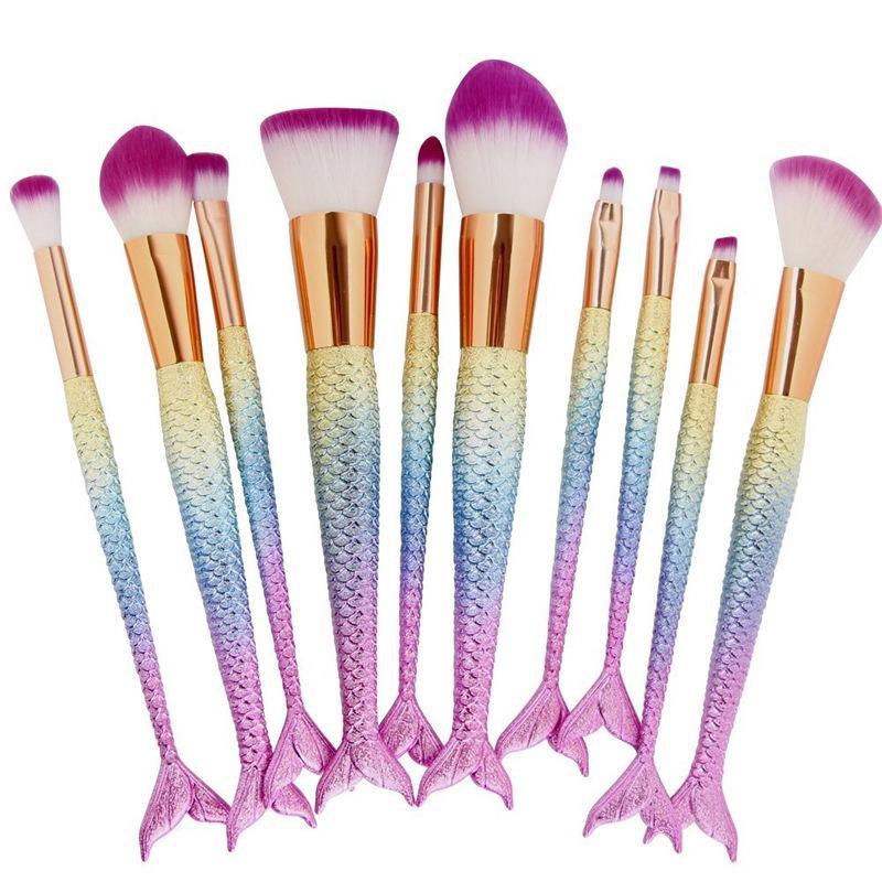 A set of 10 high-quality fishtail makeup brushes with soft bristles and portable plastic handles, perfect for precise makeup application.