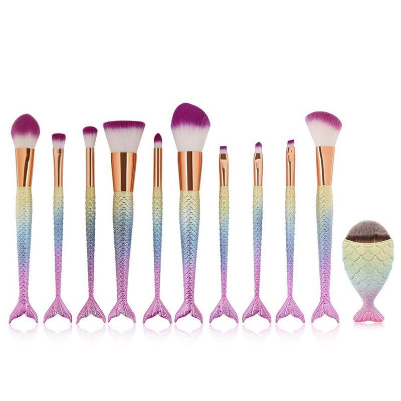 A set of 10 high-quality fishtail makeup brushes with soft bristles and portable plastic handles, perfect for precise makeup application.