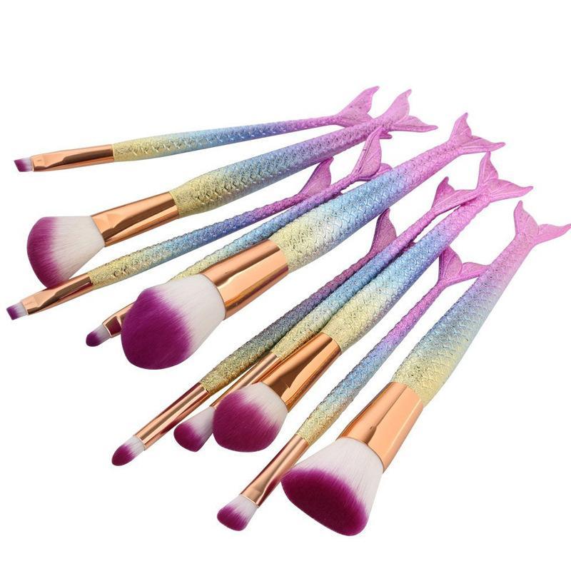 A set of 10 high-quality fishtail makeup brushes with soft bristles and portable plastic handles, perfect for precise makeup application.