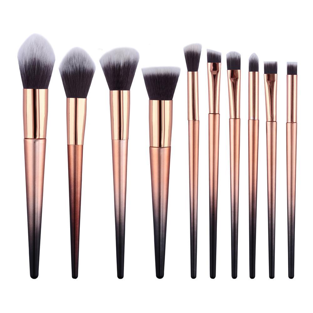 High Quality 10pcs Makeup Brush Set featuring durable plastic handles and soft man-made fiber bristles for flawless makeup application.