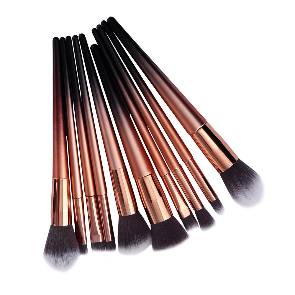 High Quality 10pcs Makeup Brush Set featuring durable plastic handles and soft man-made fiber bristles for flawless makeup application.