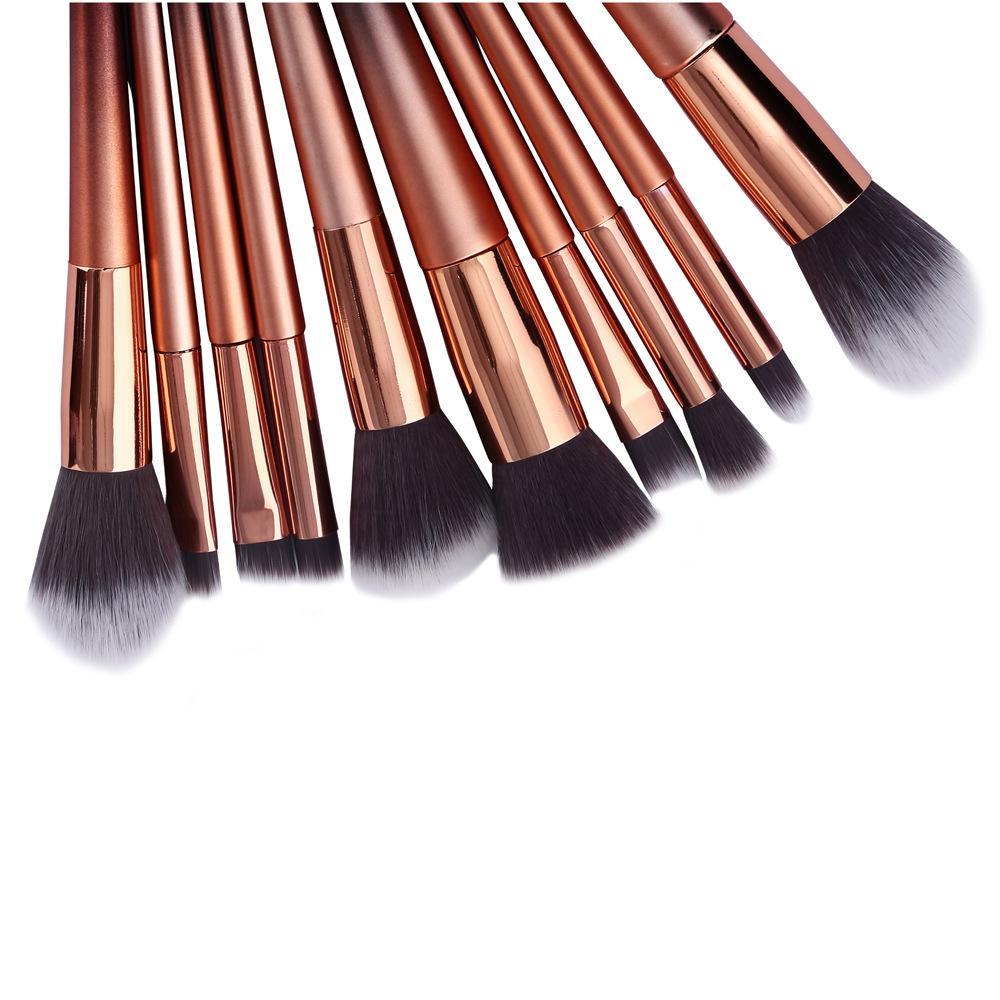 High Quality 10pcs Makeup Brush Set featuring durable plastic handles and soft man-made fiber bristles for flawless makeup application.