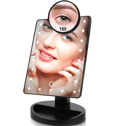 High Quality Touch Screen Makeup Mirror with 16 LED lights, showcasing a sleek design and adjustable brightness features.