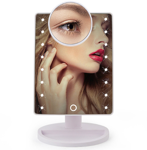 High Quality Touch Screen Makeup Mirror with 16 LED lights, showcasing a sleek design and adjustable brightness features.