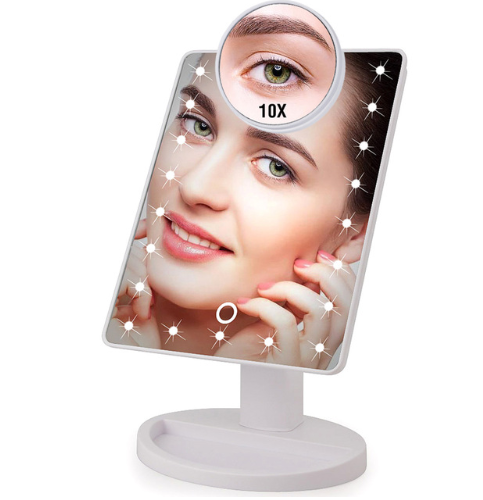 High Quality Touch Screen Makeup Mirror with 16 LED lights, showcasing a sleek design and adjustable brightness features.