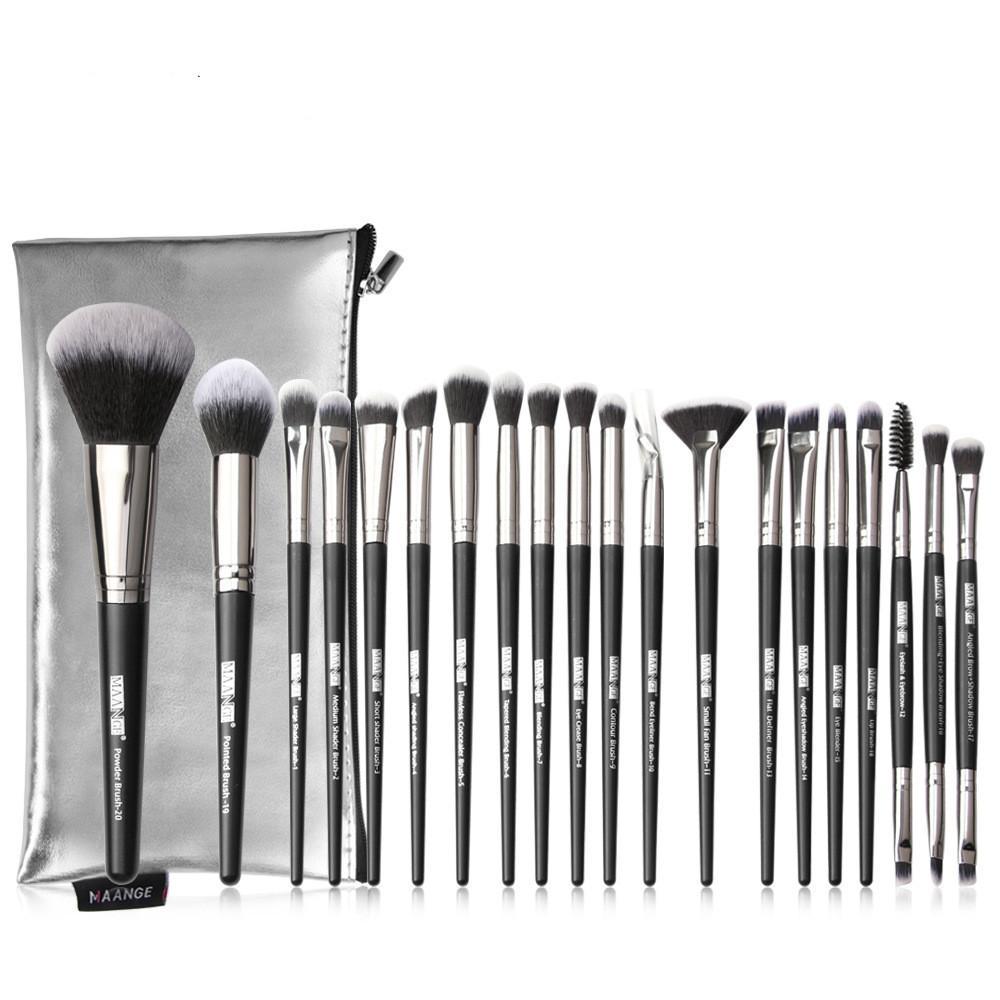 A set of 20 high-quality black makeup brushes displayed with a stylish brush bag, showcasing various brush types for makeup application.