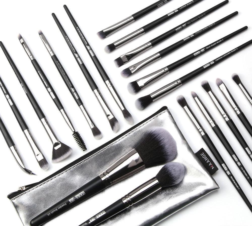 A set of 20 high-quality black makeup brushes displayed with a stylish brush bag, showcasing various brush types for makeup application.