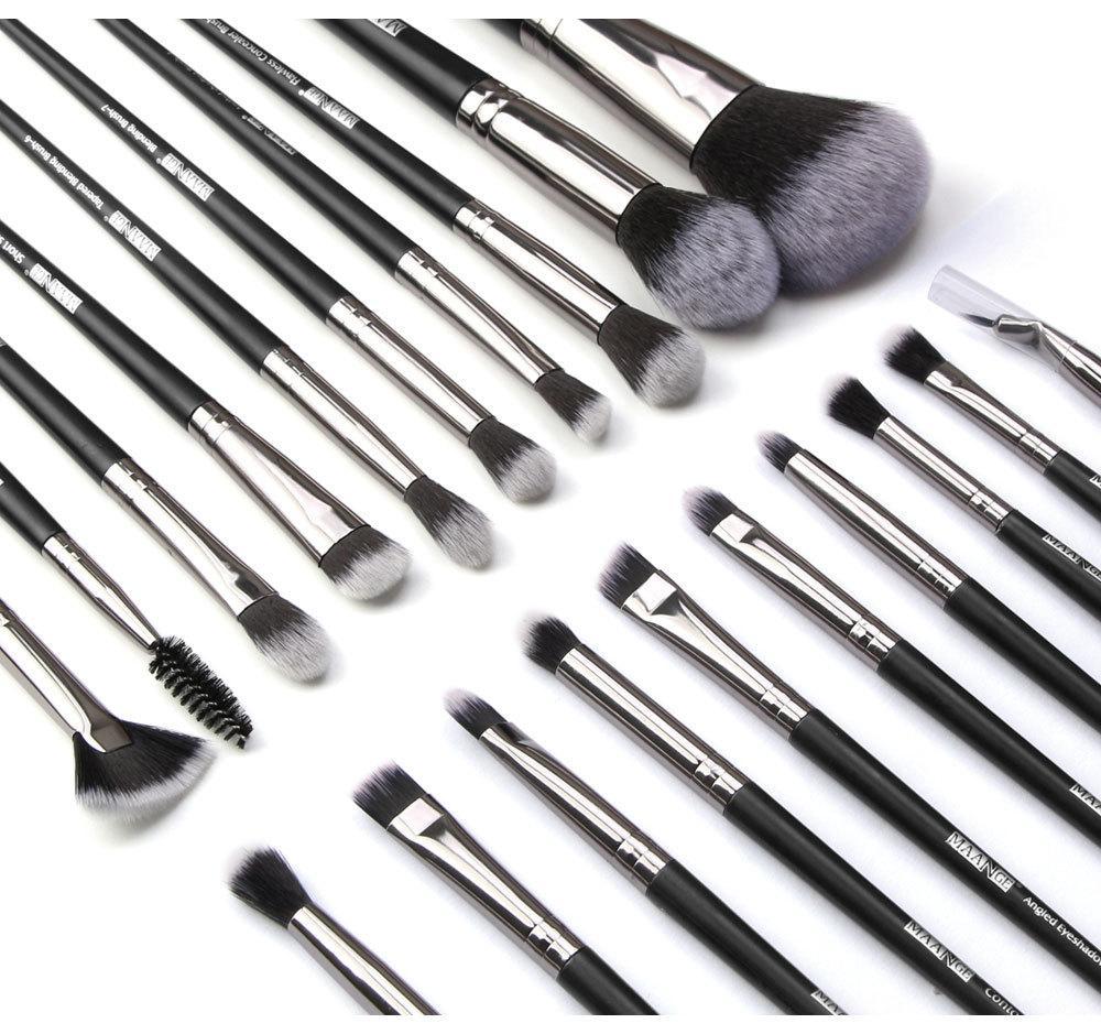 A set of 20 high-quality black makeup brushes displayed with a stylish brush bag, showcasing various brush types for makeup application.