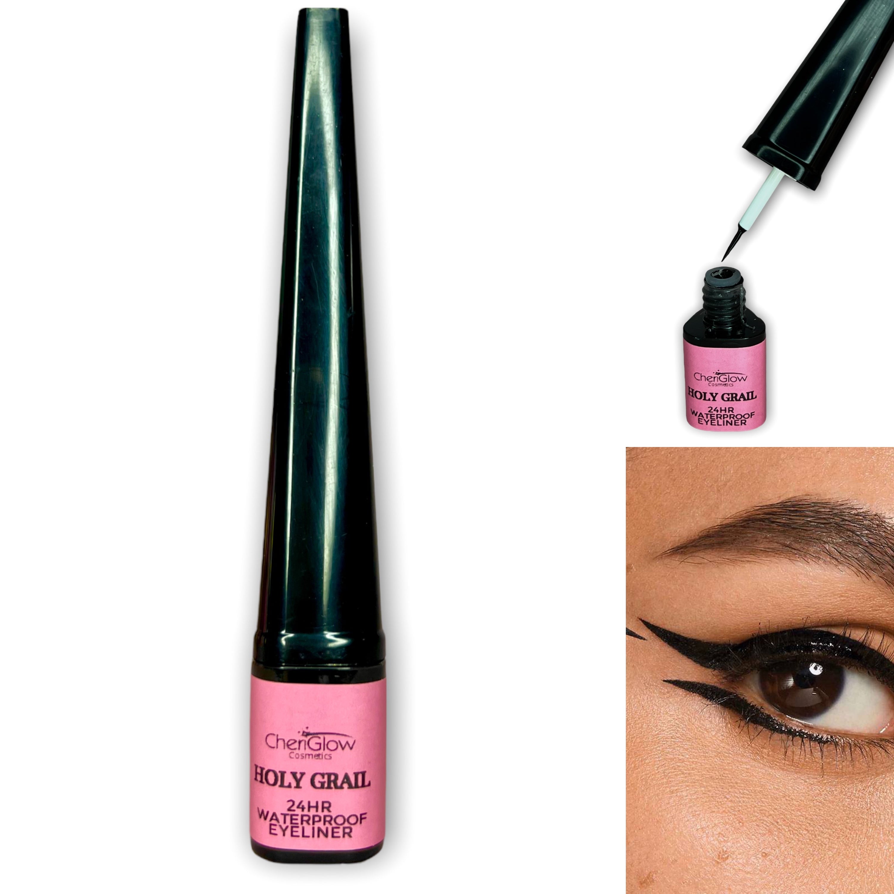 Holy Grail 24HR Waterproof Eyeliner in sleek packaging, showcasing its fine brush tip for precise application.