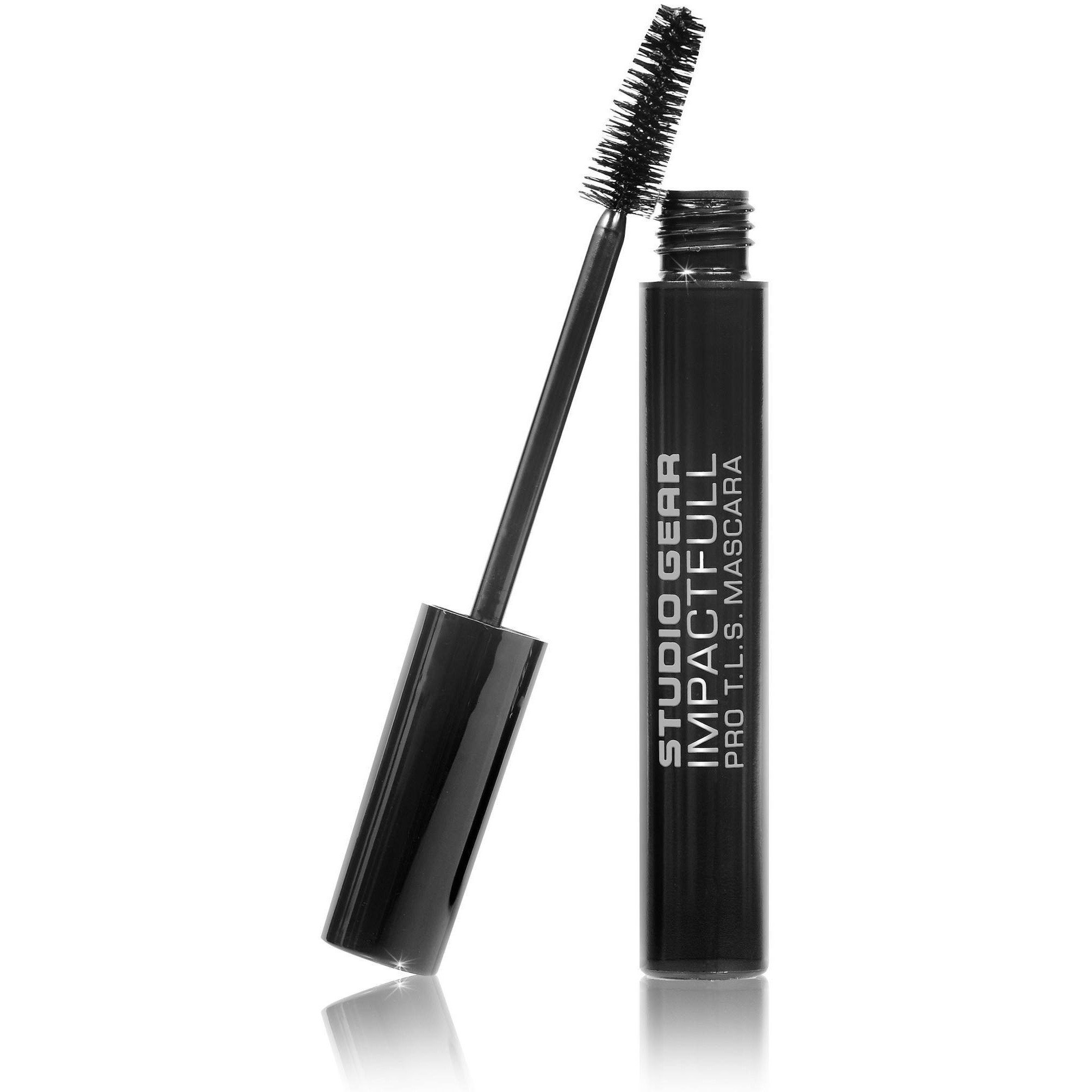 Impactfull Pro T.L.S. Mascara by Studio Gear Cosmetics, showcasing a sleek black tube with a gold logo, ideal for thickening and lengthening lashes.