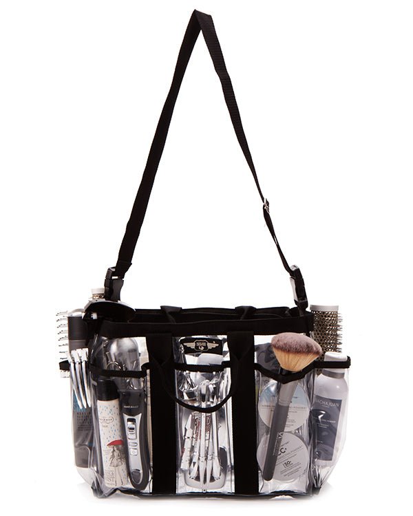 KATKIT LOCATION transparent makeup bag with black trim, featuring eight external pockets and adjustable strap.