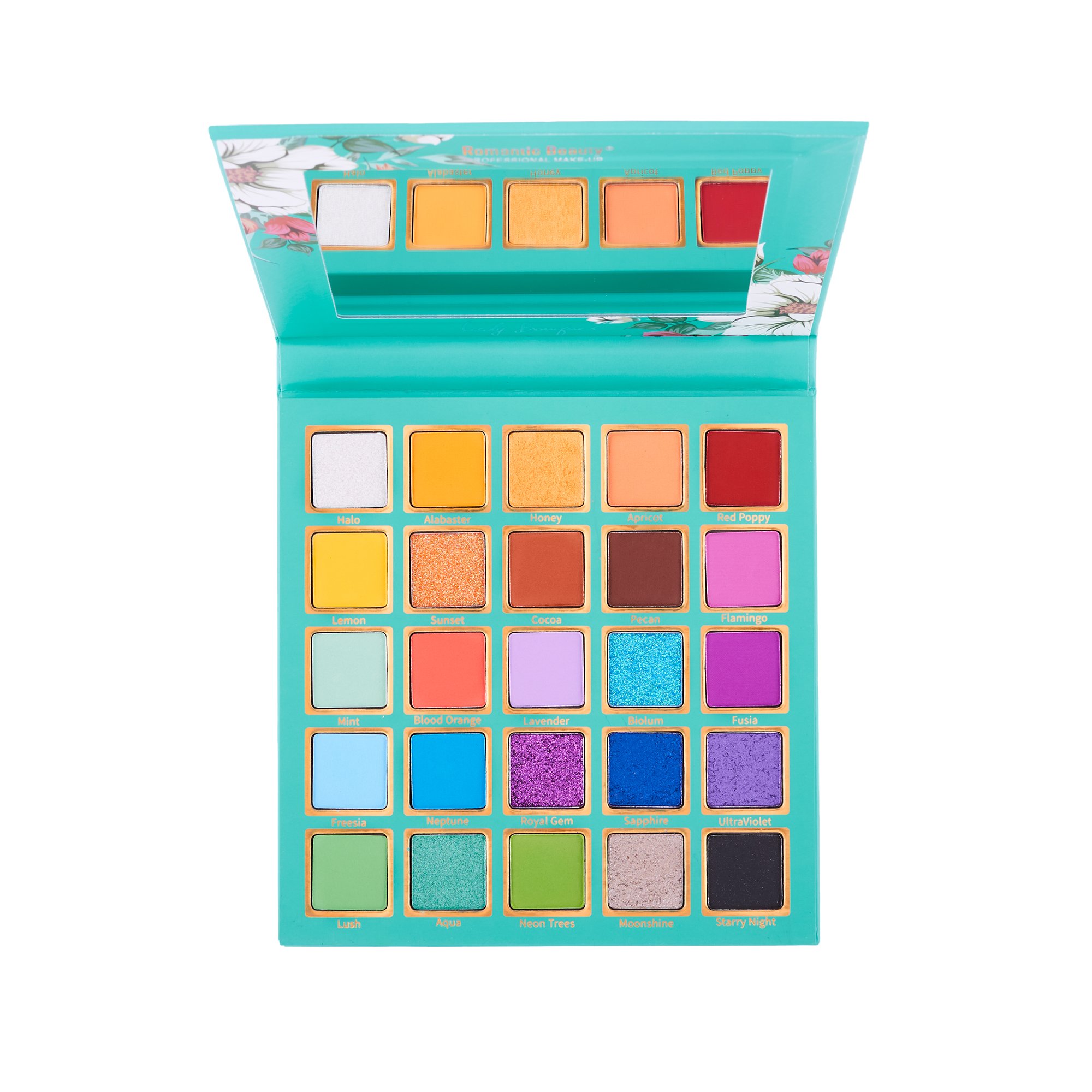 Lady Bouquet Eyeshadow Palette featuring 25 vibrant colors in matte and shimmer finishes, perfect for creating colorful springtime eye looks.