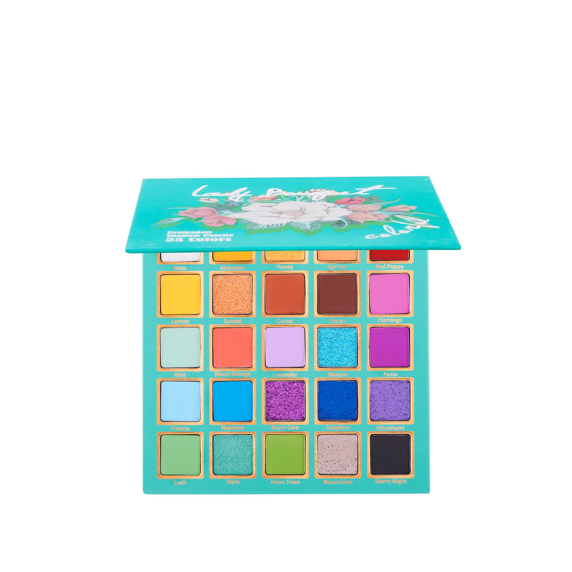 Lady Bouquet Eyeshadow Palette featuring 25 vibrant colors in matte and shimmer finishes, perfect for creating colorful springtime eye looks.