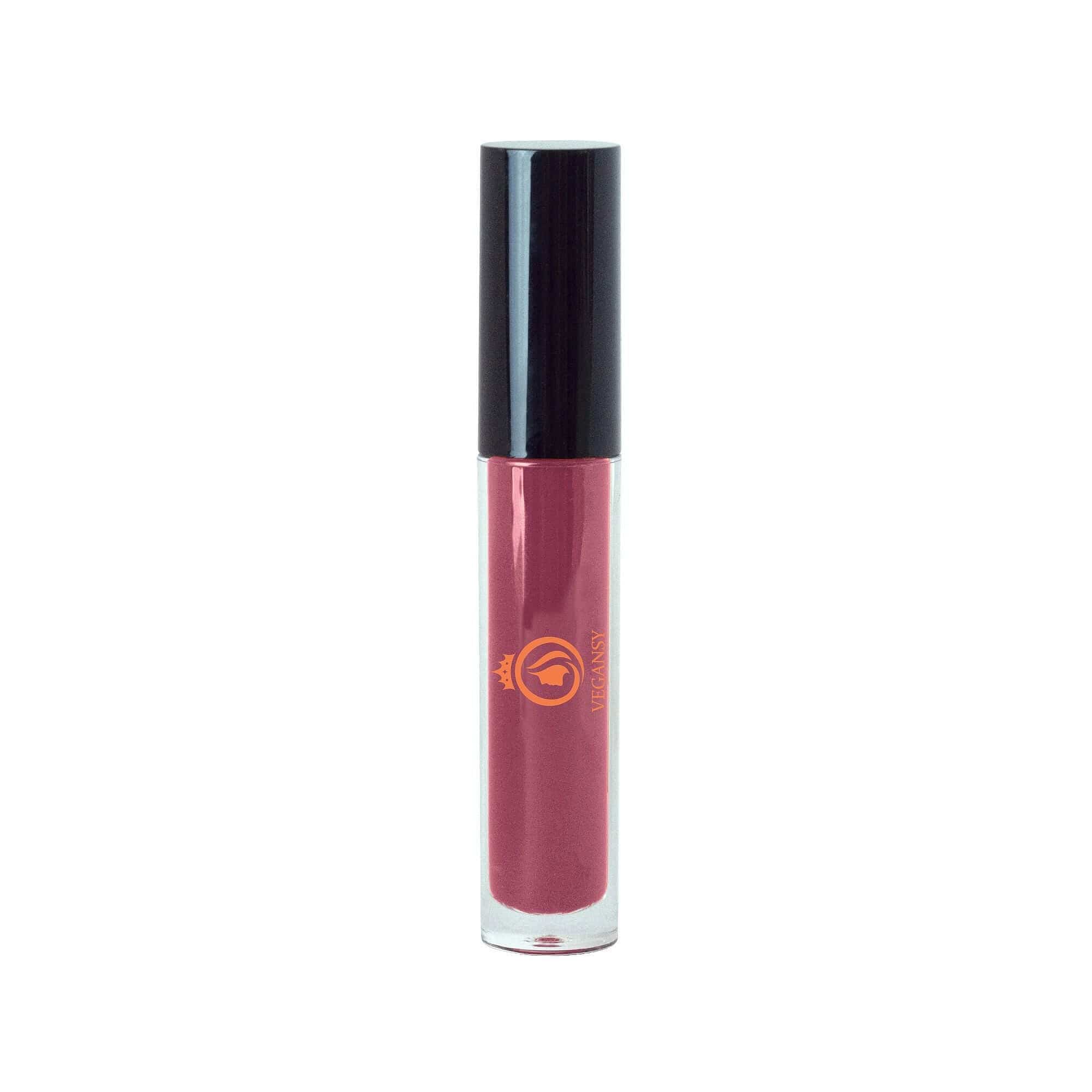 Lavender liquid lip gloss in a sleek tube with a doe-shaped applicator, showcasing its shimmering finish.