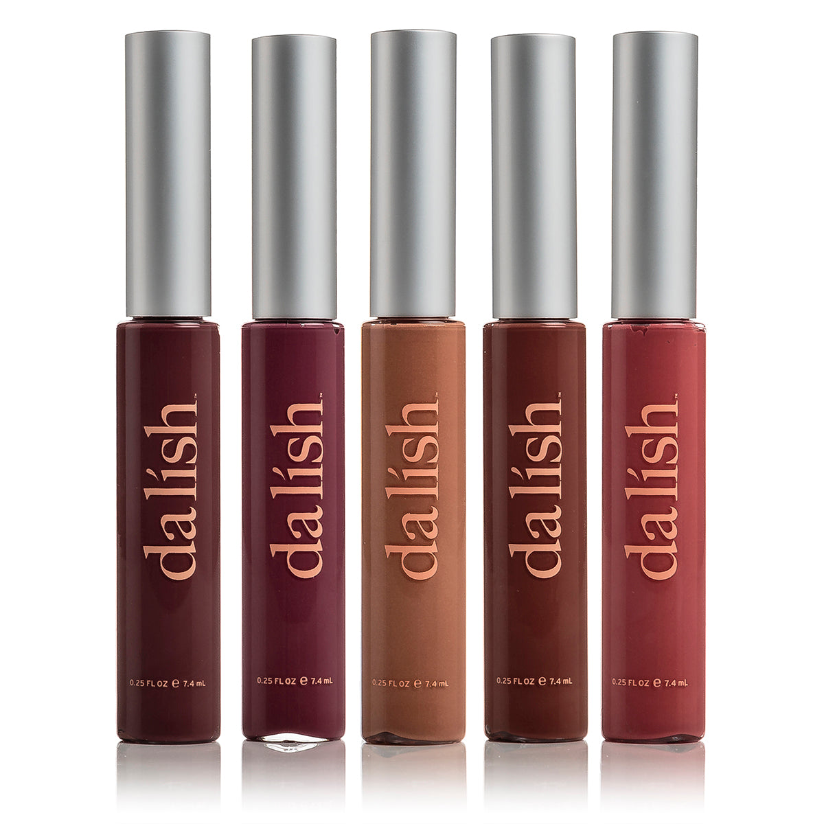 A collection of LIP GLOSS in five shades: Light Nude, Salmon, Perfect Nude, Raspberry, and Dark Berry, showcasing their glossy finish.