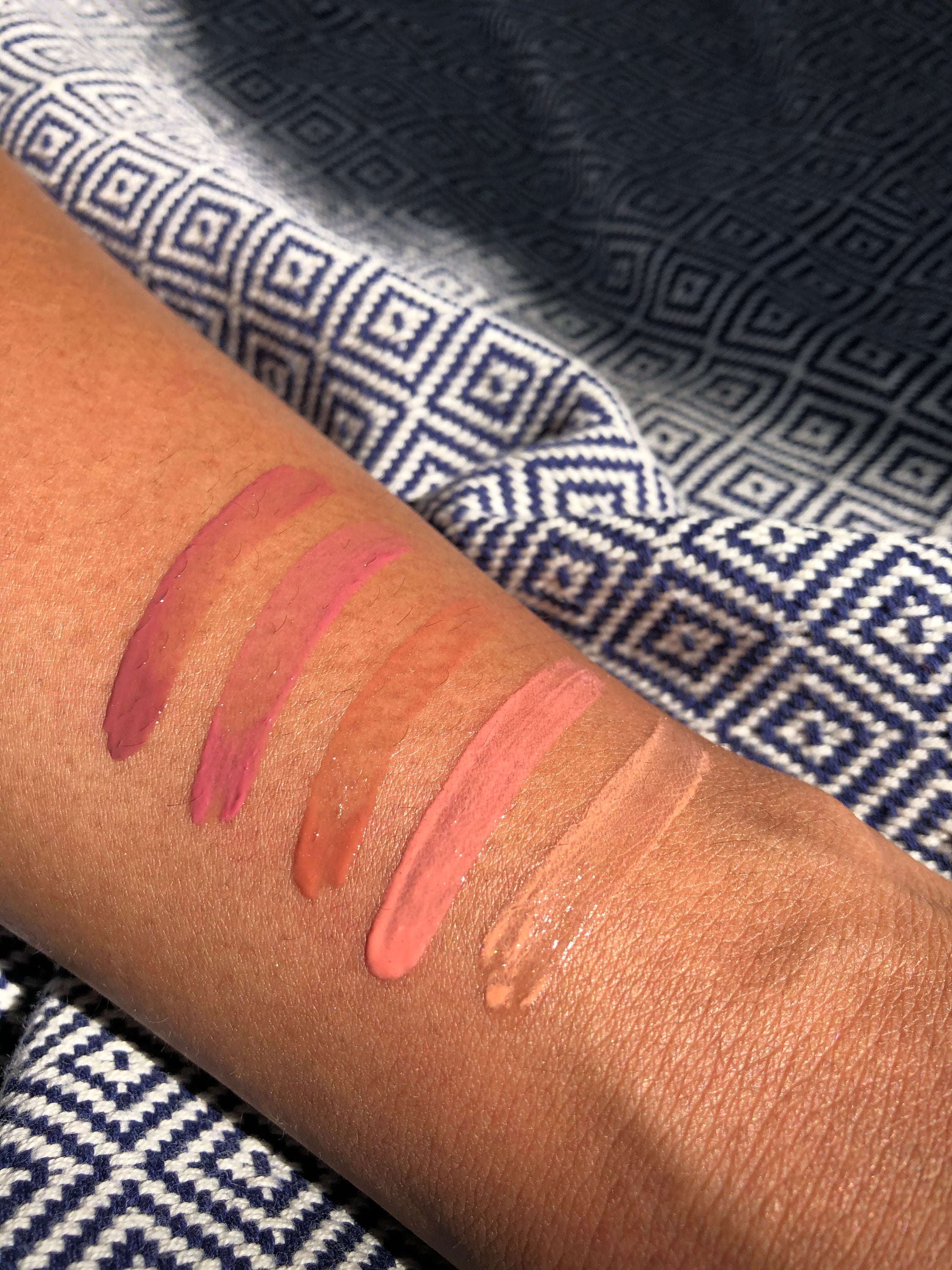 A collection of LIP GLOSS in five shades: Light Nude, Salmon, Perfect Nude, Raspberry, and Dark Berry, showcasing their glossy finish.