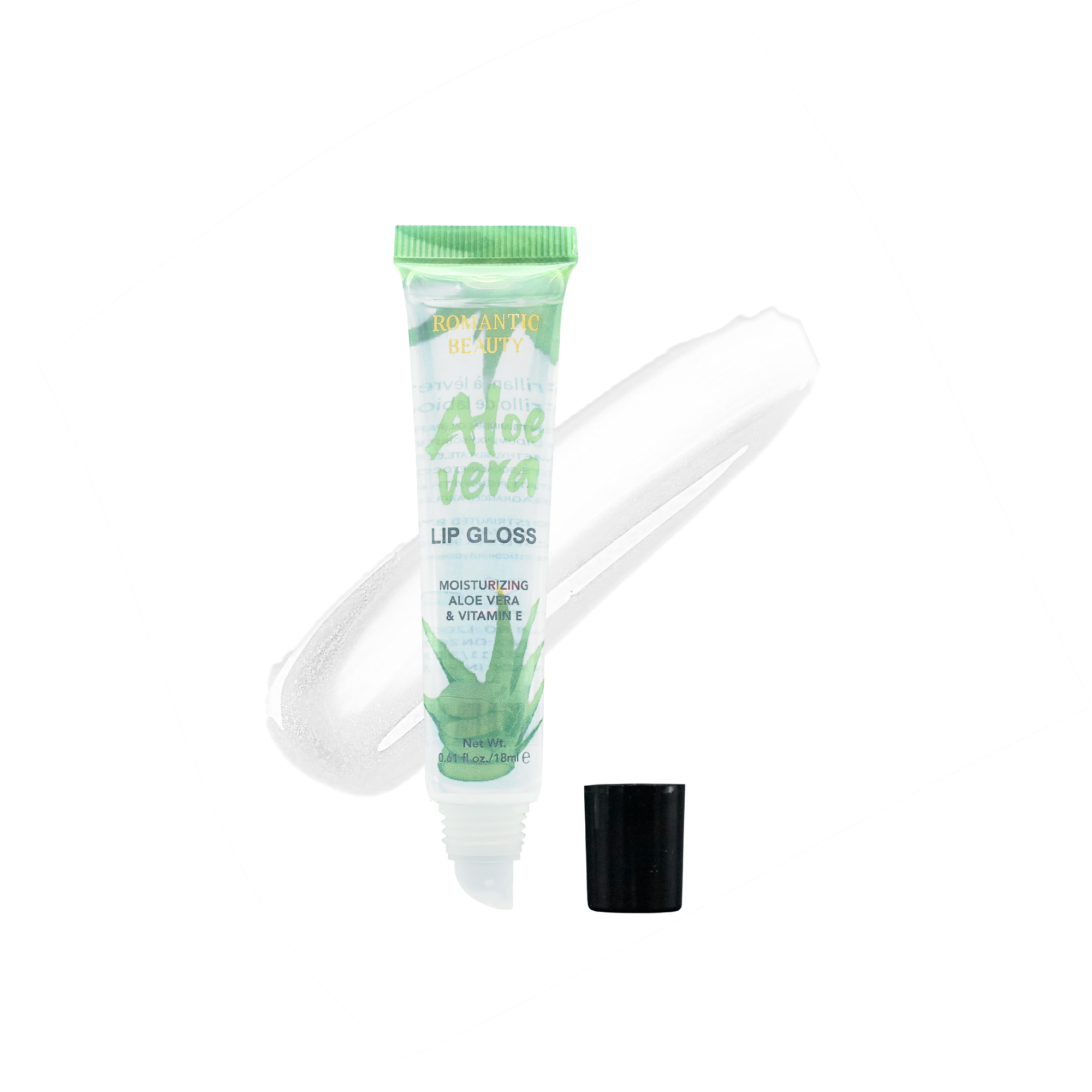 Aloe Vera Clear Lip Gloss by Romantic Beauty in a sleek tube, showcasing its glossy texture and angled applicator tip.