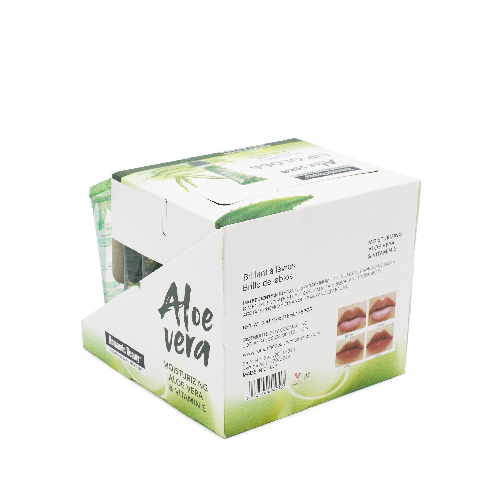 Aloe Vera Clear Lip Gloss by Romantic Beauty in a sleek tube, showcasing its glossy texture and angled applicator tip.